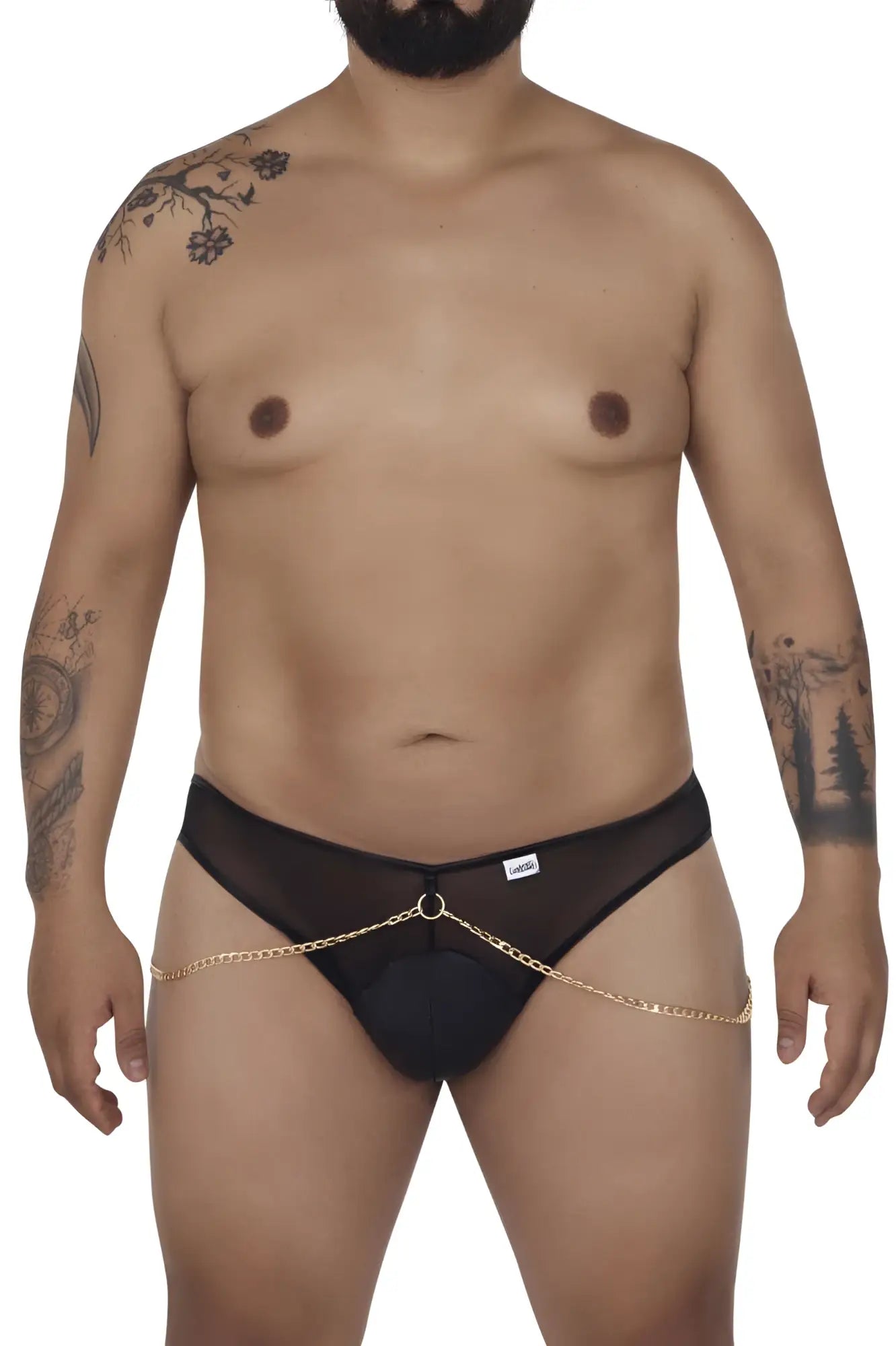 Black candyMan 99672X chain jock briefs with gold chain detailing made of black mesh thong fabric front view