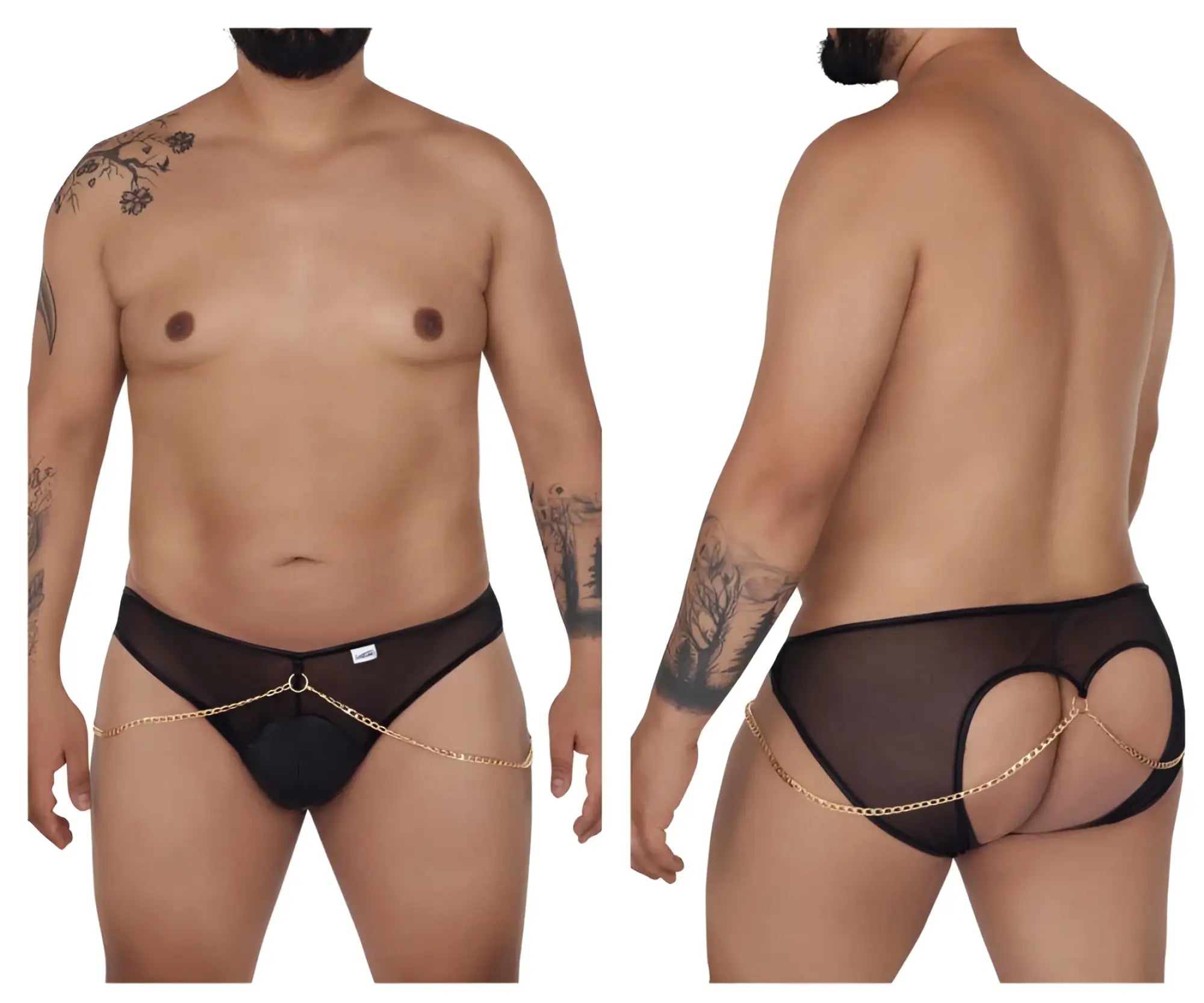 CandyMan 99672X chain jock briefs in black sheer mesh with gold chain detail on front and back side shown