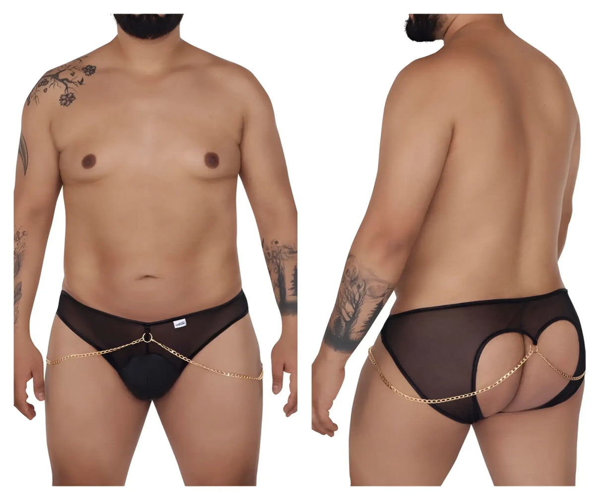 CandyMan 99672X chain jock briefs in black sheer mesh with gold chain detail on front and back side shown