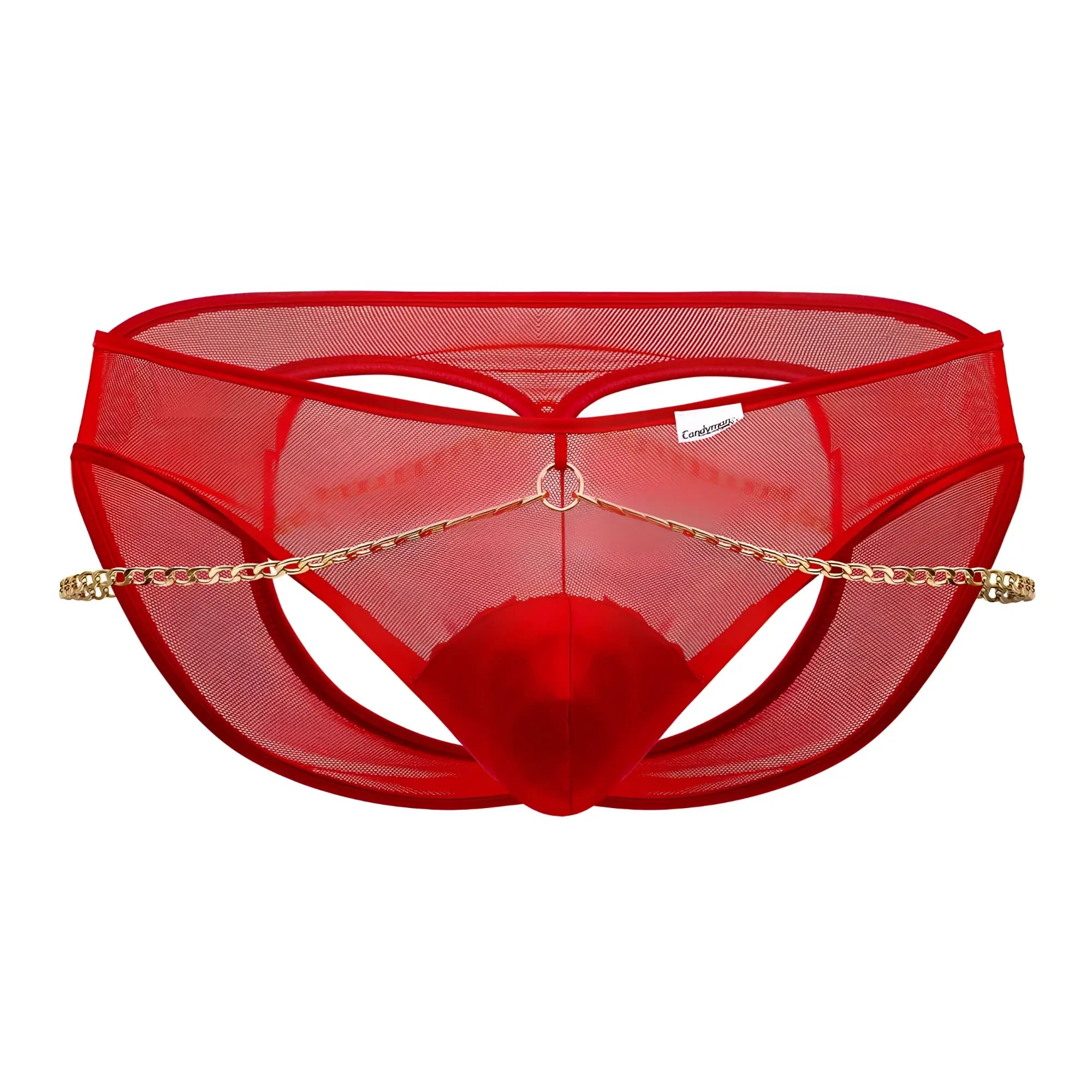 Red mesh thong with gold chain detail from candyman 99672x chain jock briefs in red showing front view