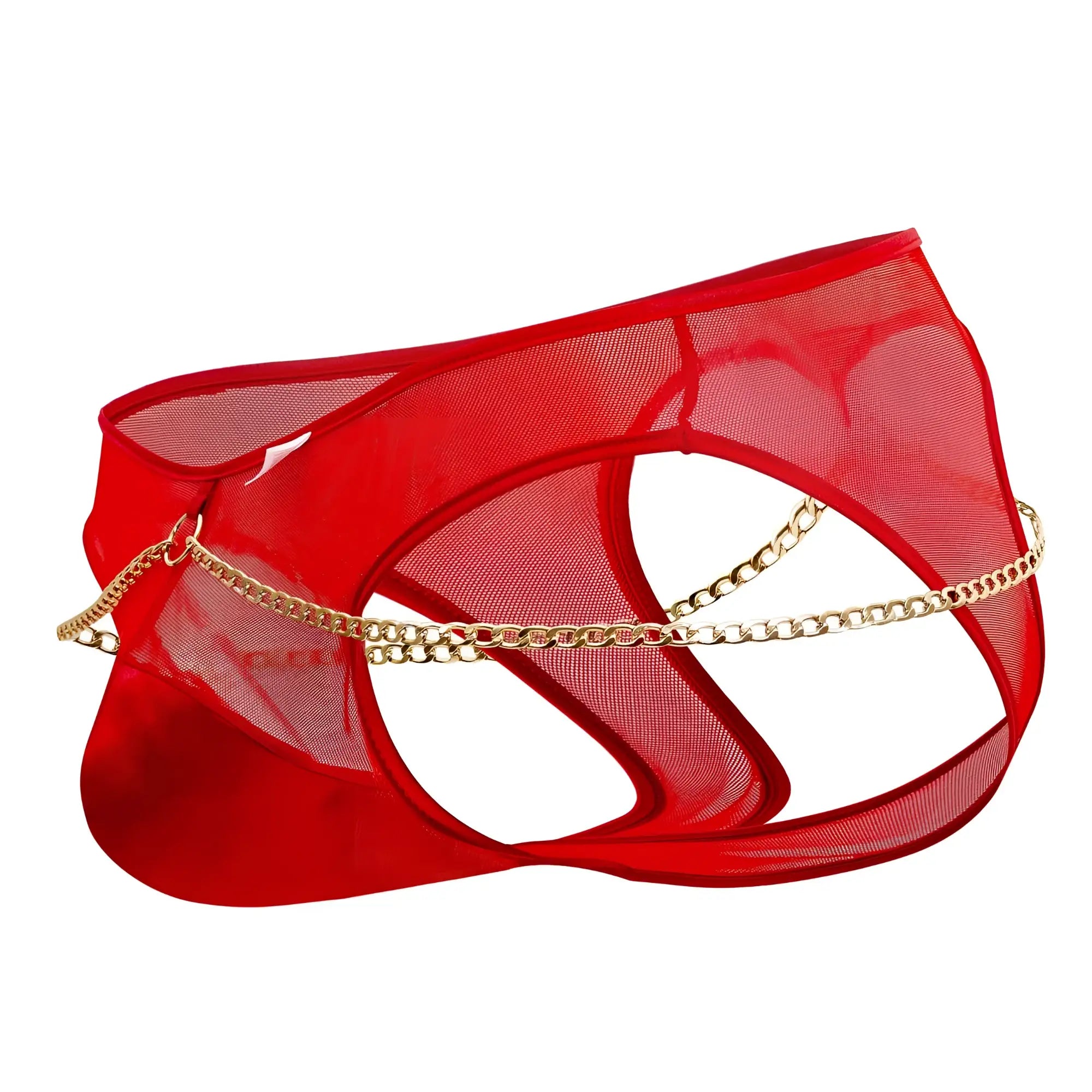 Red sheer mesh chain jock briefs with gold chain detailing by candyman in red color