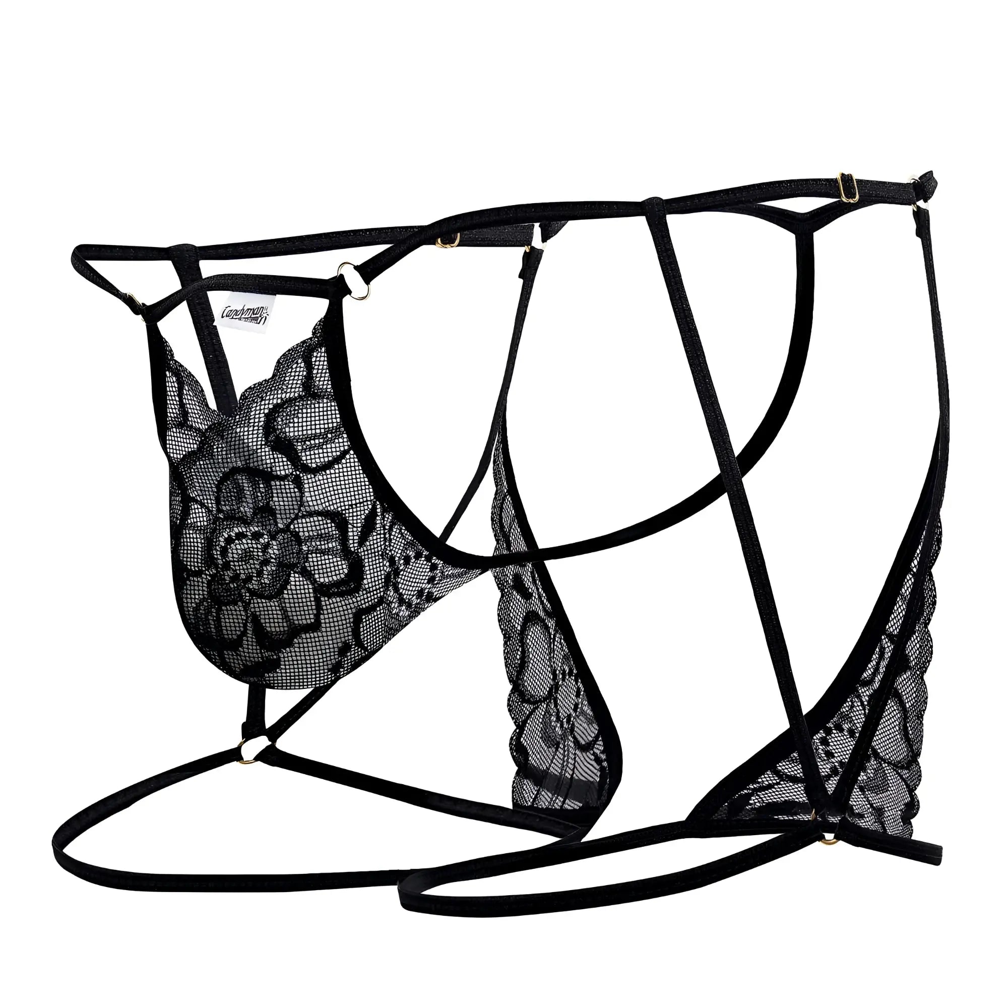 Black lace CandyMan 99678 garter thongs with floral patterns and adjustable straps in black color