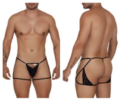 Black candyMan 99678 garter thong with adjustable side straps and floral embroidered lace back panel