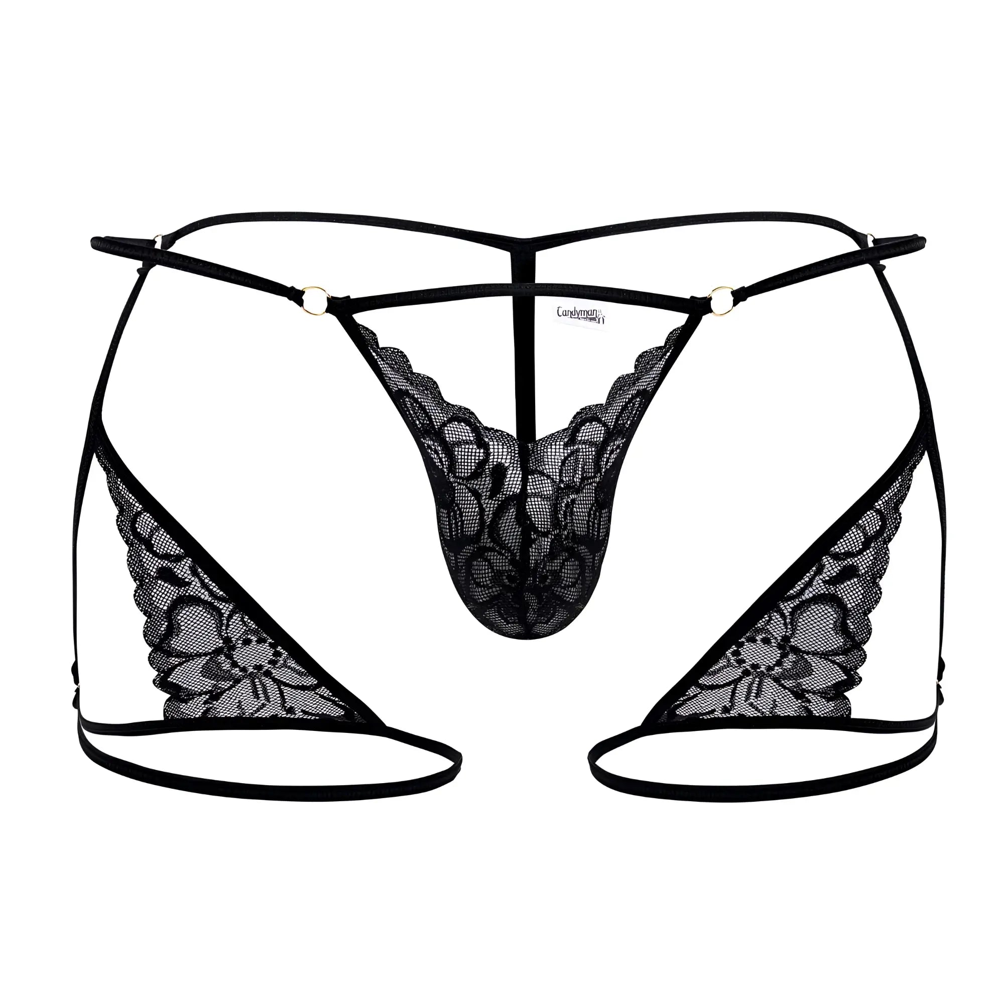 Black lace thong candy man 99678 with intricate floral patterns and thin elastic straps in black color
