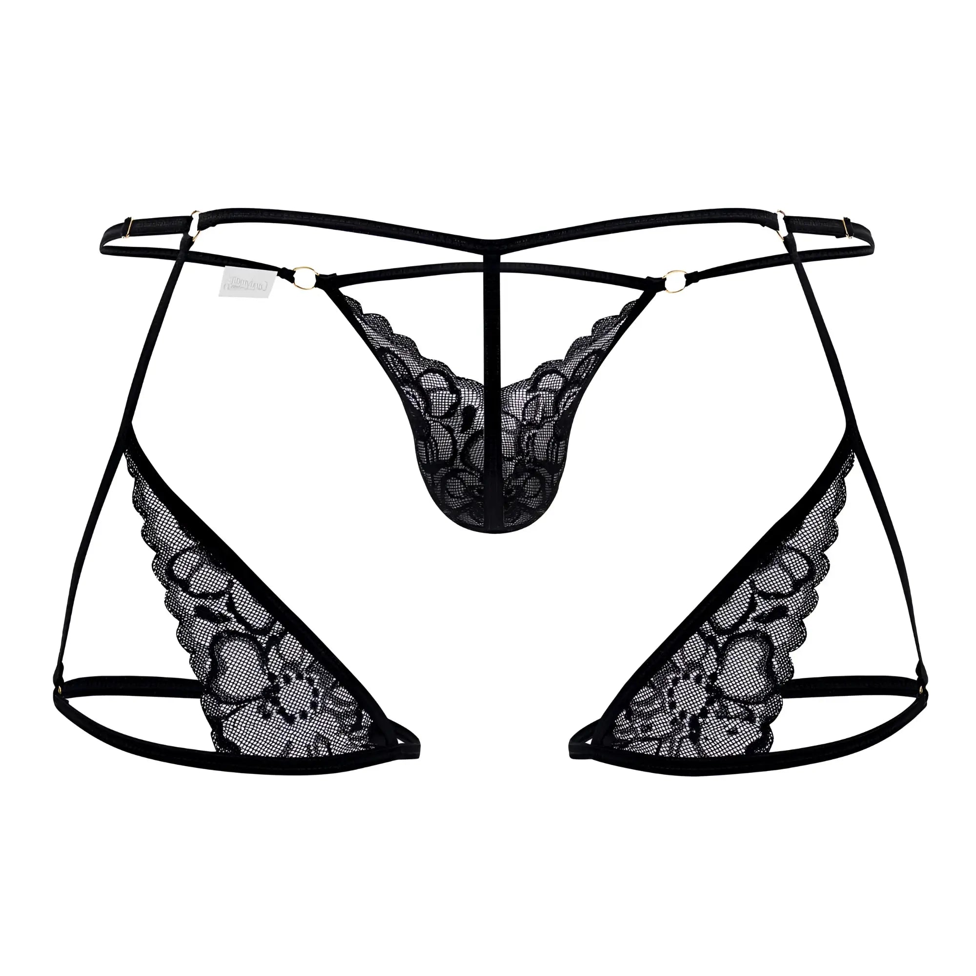 Black lace candy man 99678 garter thong with intricate floral patterns and thin adjustable straps in black
