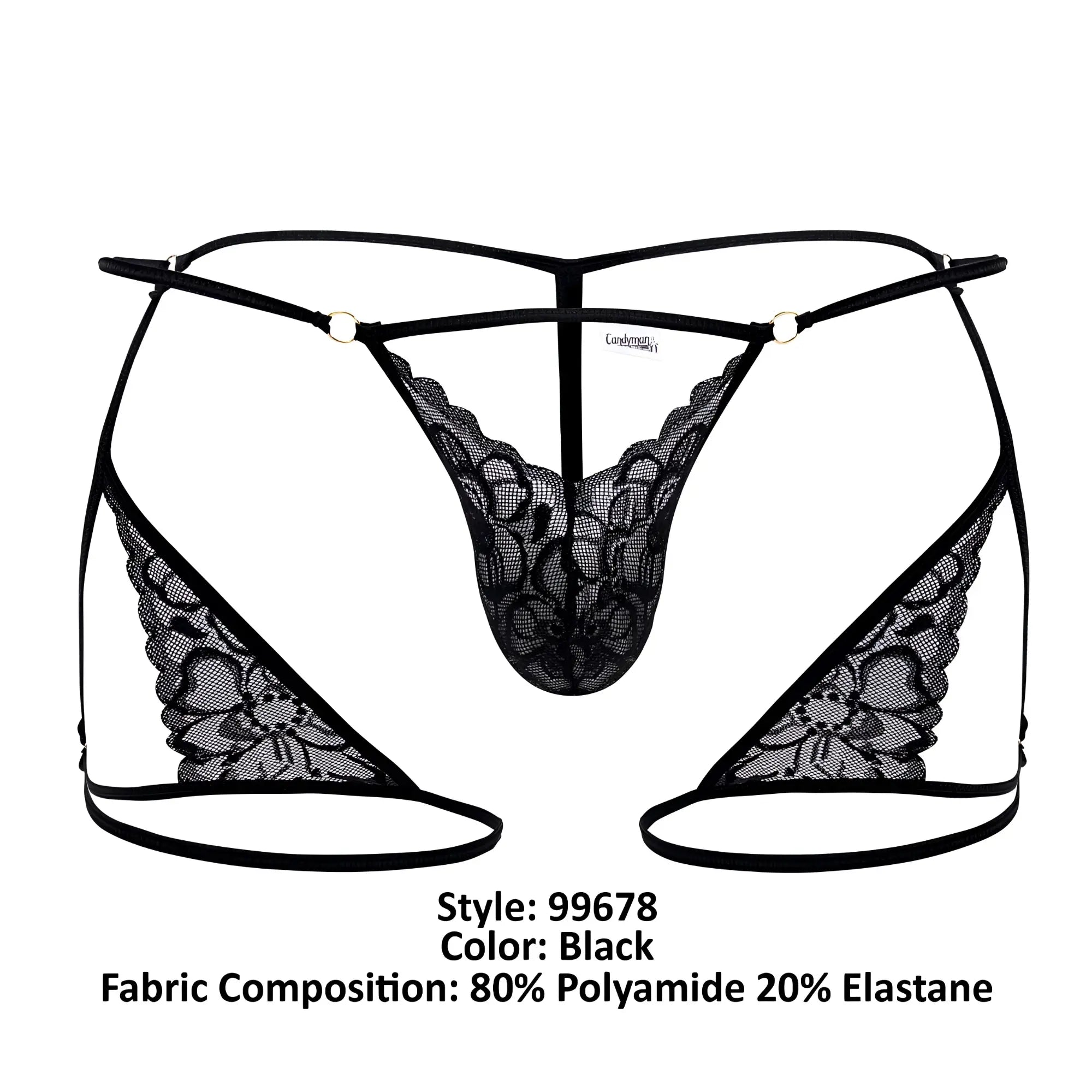 Black lace thong candyMan 99678 with intricate floral patterns and thin elastic straps in black color