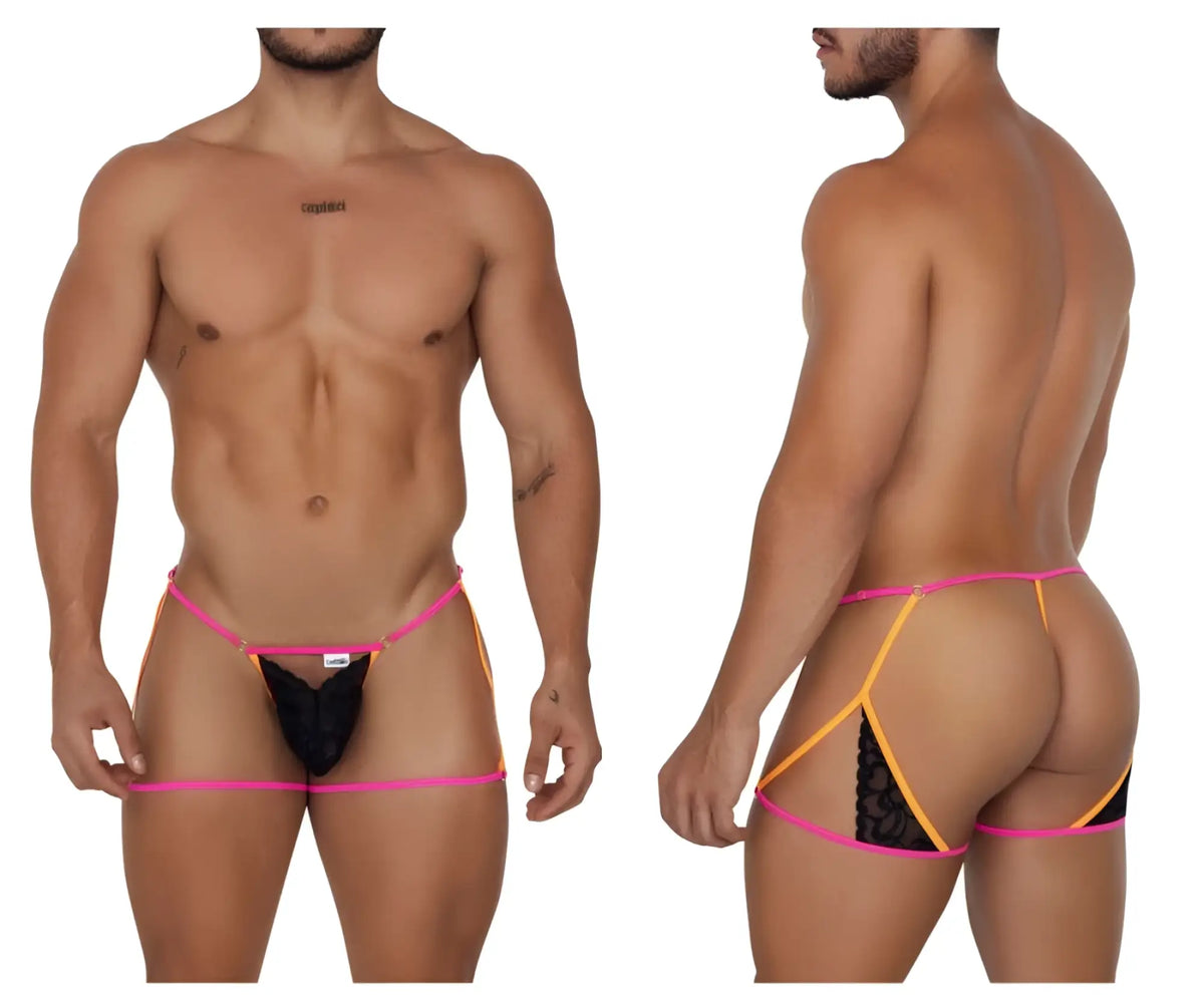 Black lace CandyMan 99678 garter thong with vibrant pink and orange neon-black trim shown from the back