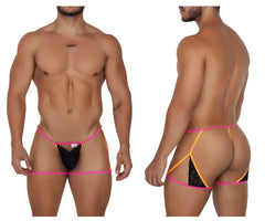 Black lace CandyMan 99678 garter thong with vibrant pink and orange neon-black trim shown from the back