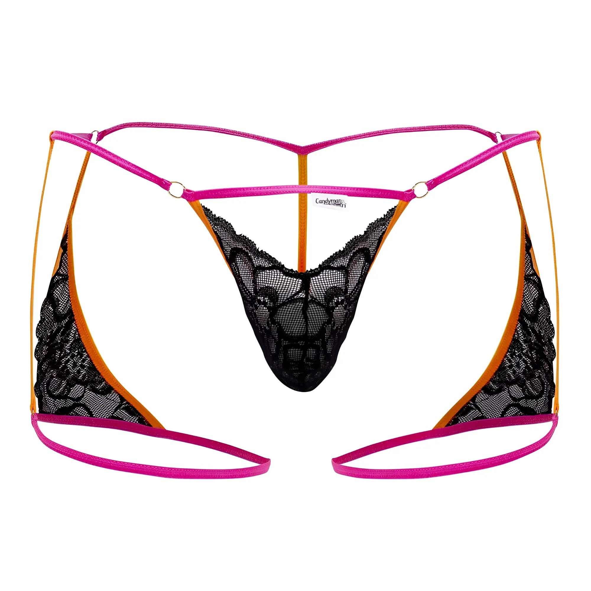 Black lace candyMan 99678 garter thong with vibrant pink and orange neon trim front view