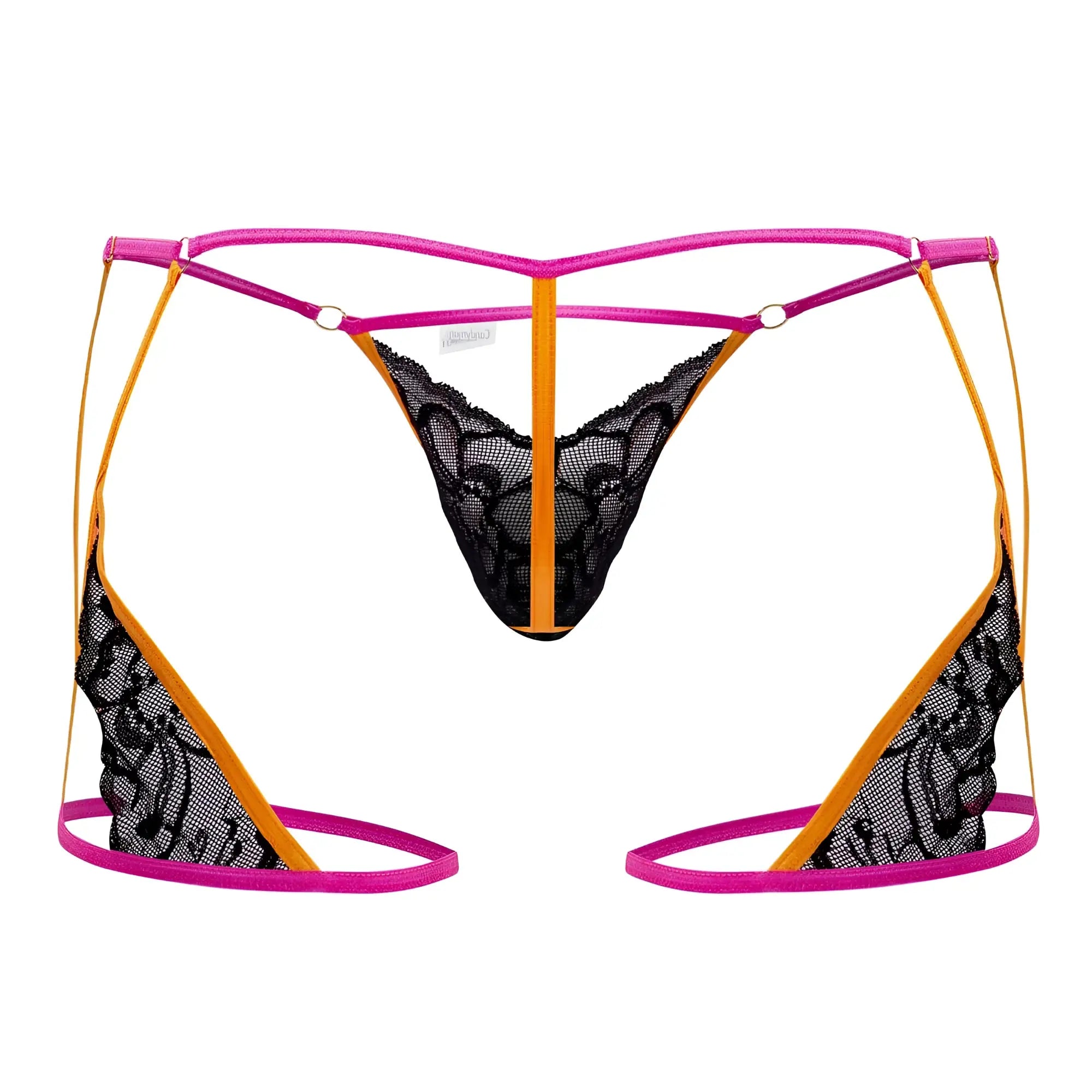 Black lace thong CandyMan 99678 with vibrant pink and orange neon straps in color neon-black