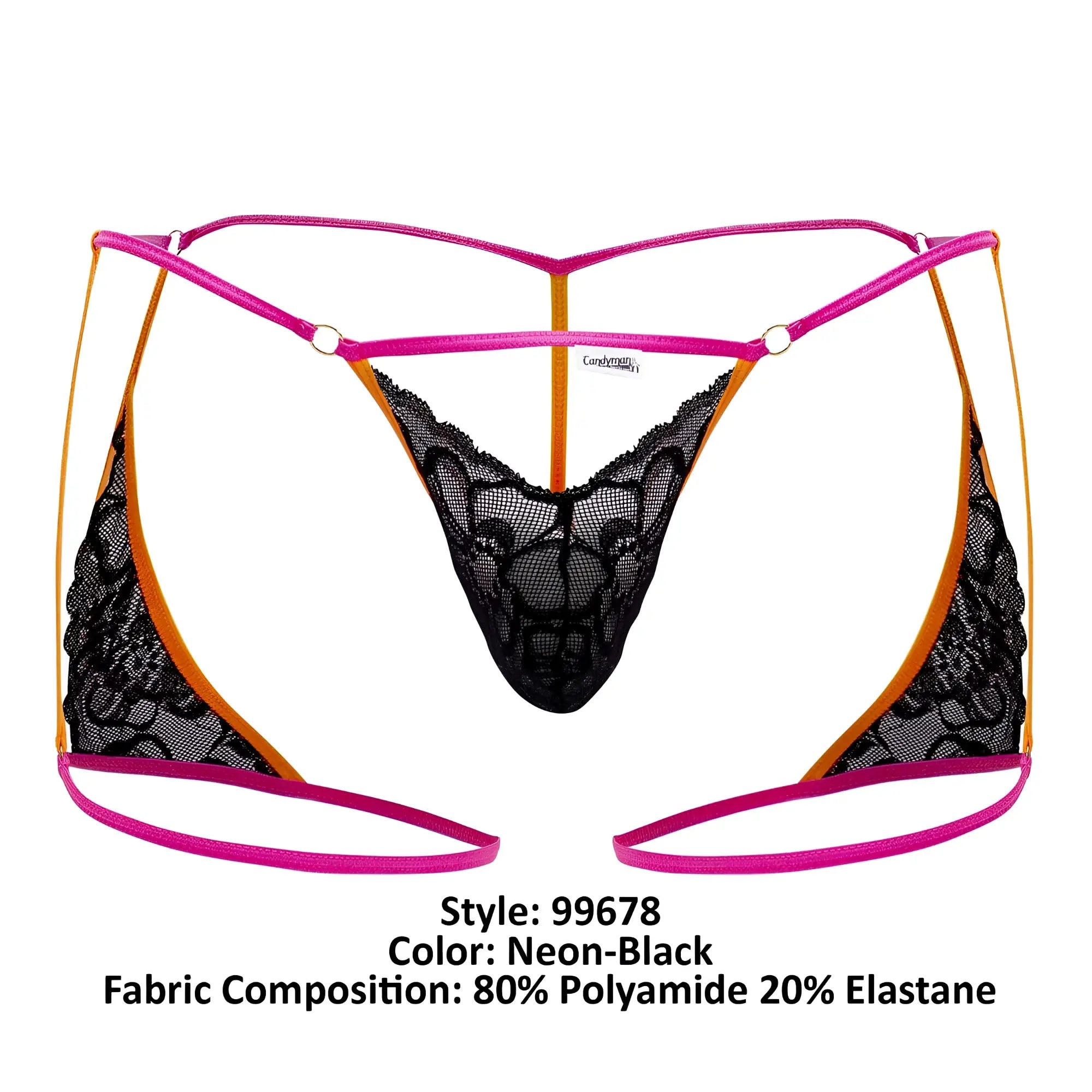CandyMan 99678 garter thong in black lace with neon pink and orange trim featuring a sleek modern design back view