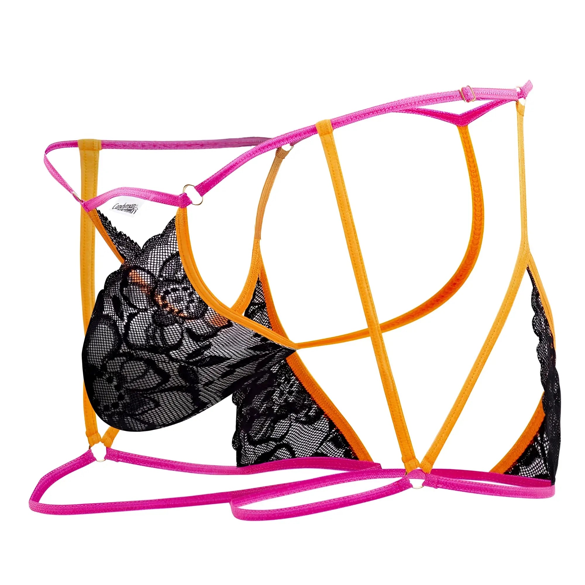 A vibrant pink and orange candyMan 99678 garter thong set with sheer black floral lace detailing