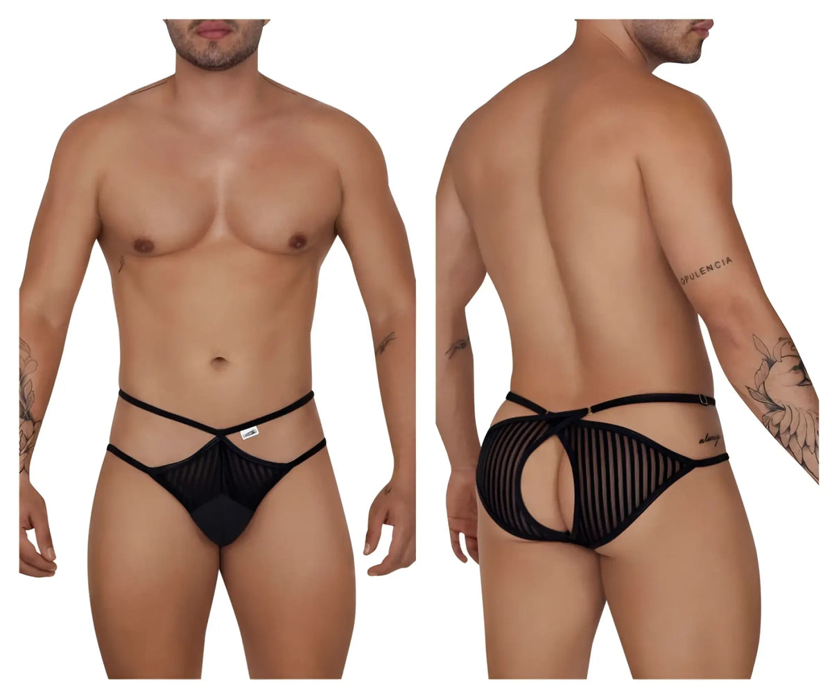 Black mesh briefs with distinctive crisscross design and back cutouts from candyman 99681 collection
