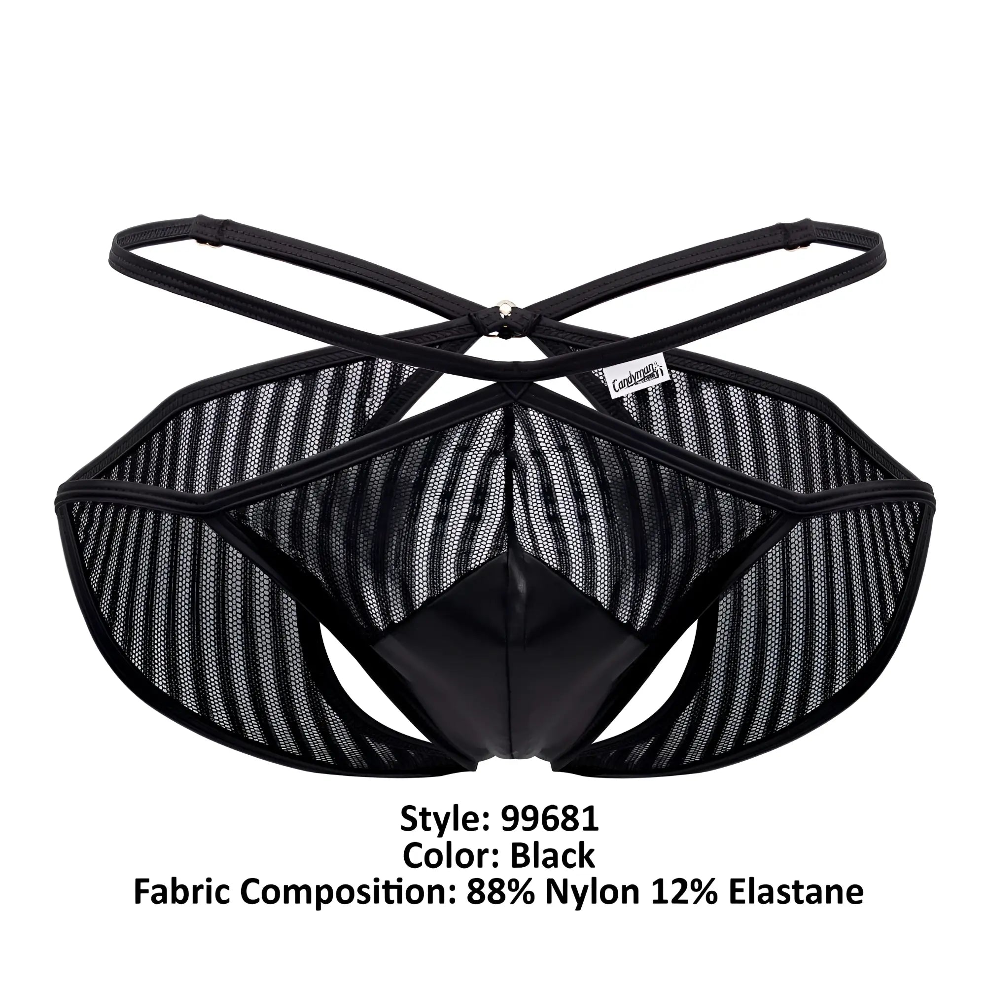 Candyman 99681 mesh briefs in black with glossy front panel and crisscross back straps shown from the back side