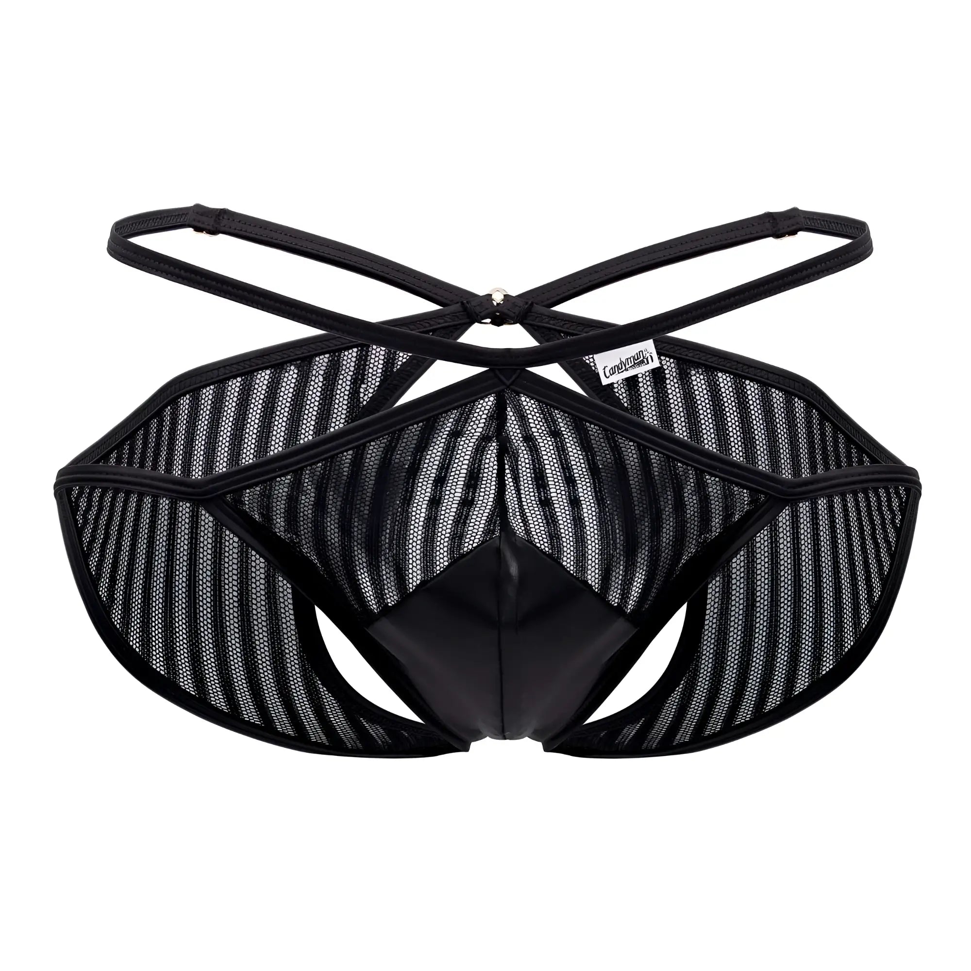 CandyMan 99681 mesh briefs in black with a glossy front panel and crisscross back straps shown from the back