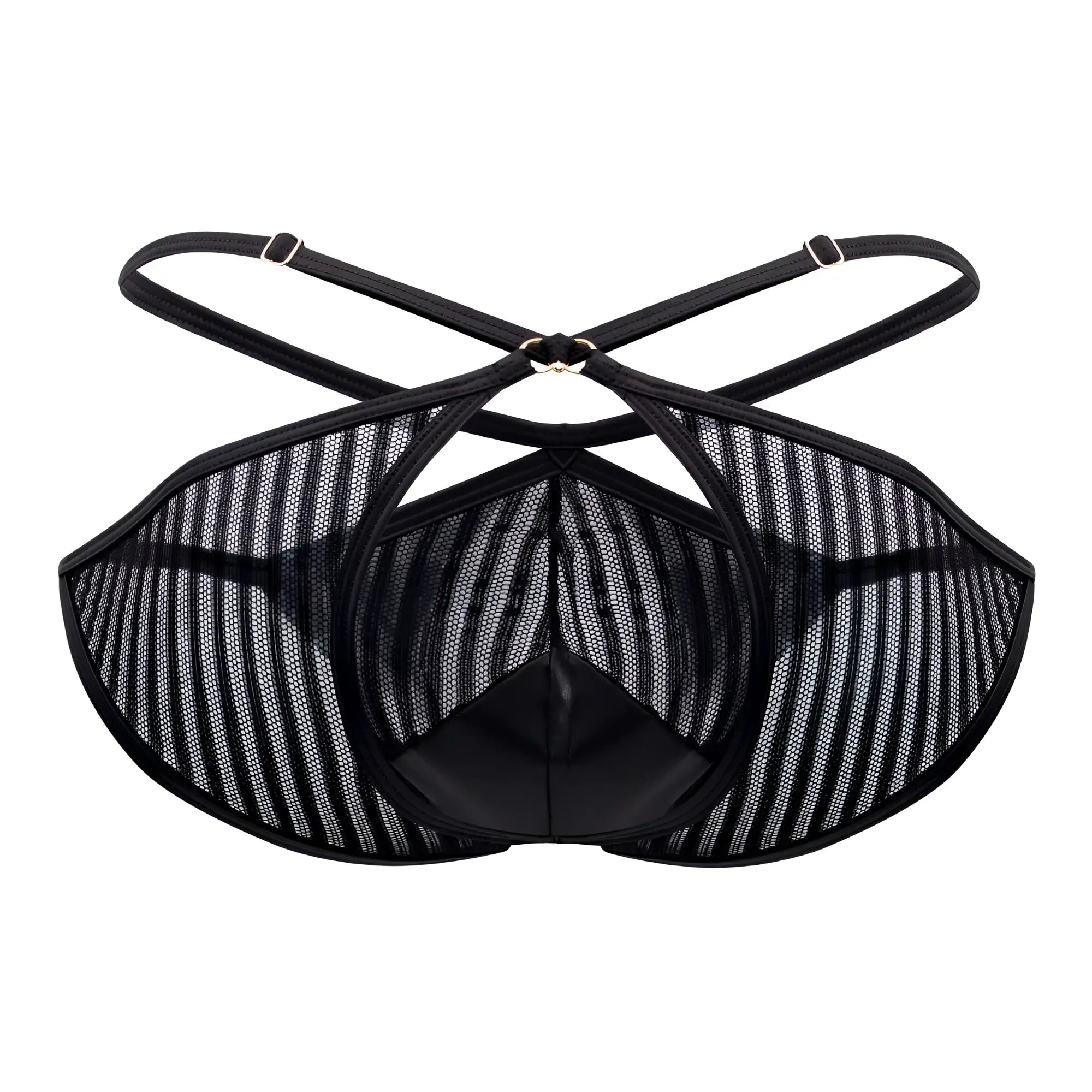 CandyMan 99681 mesh briefs in black feature a striped pattern and adjustable straps for comfortable support