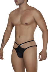 CandyMan 99681 black mesh thong with thin adjustable straps and small brand tag shown from the back side