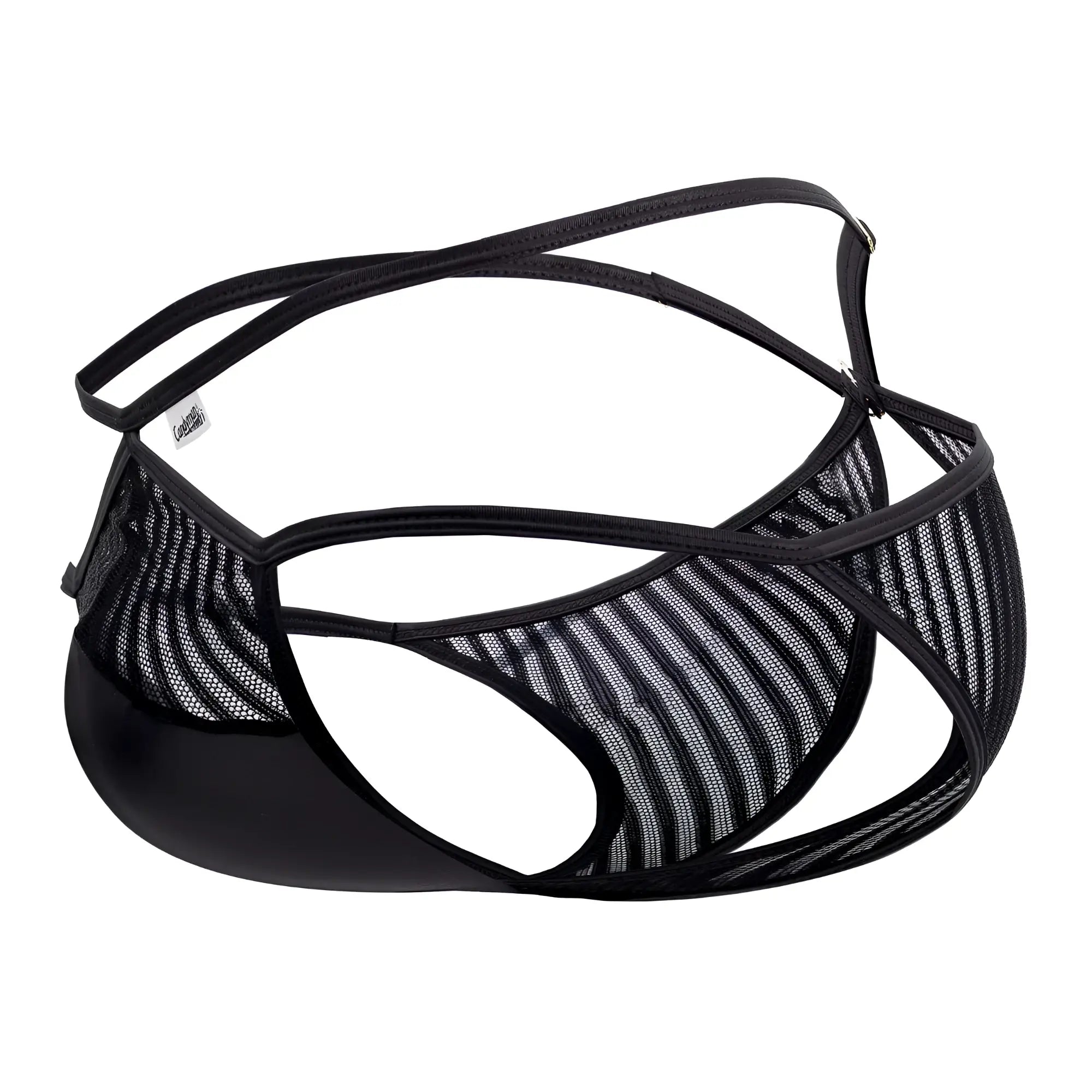 Black mesh thong candyMan 99681 briefs with glossy solid front panel and adjustable straps in black color