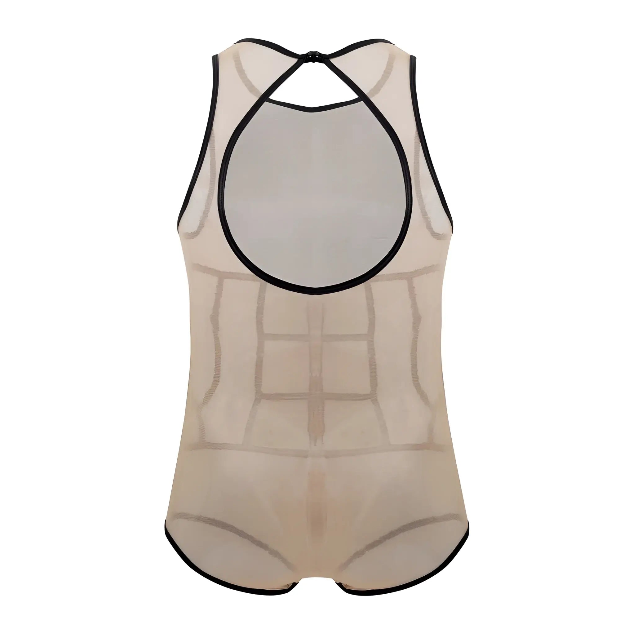 Beige mesh one-piece swimsuit with black trim and back cutout design shown from the back candyMan 99683X tulle bodysuit