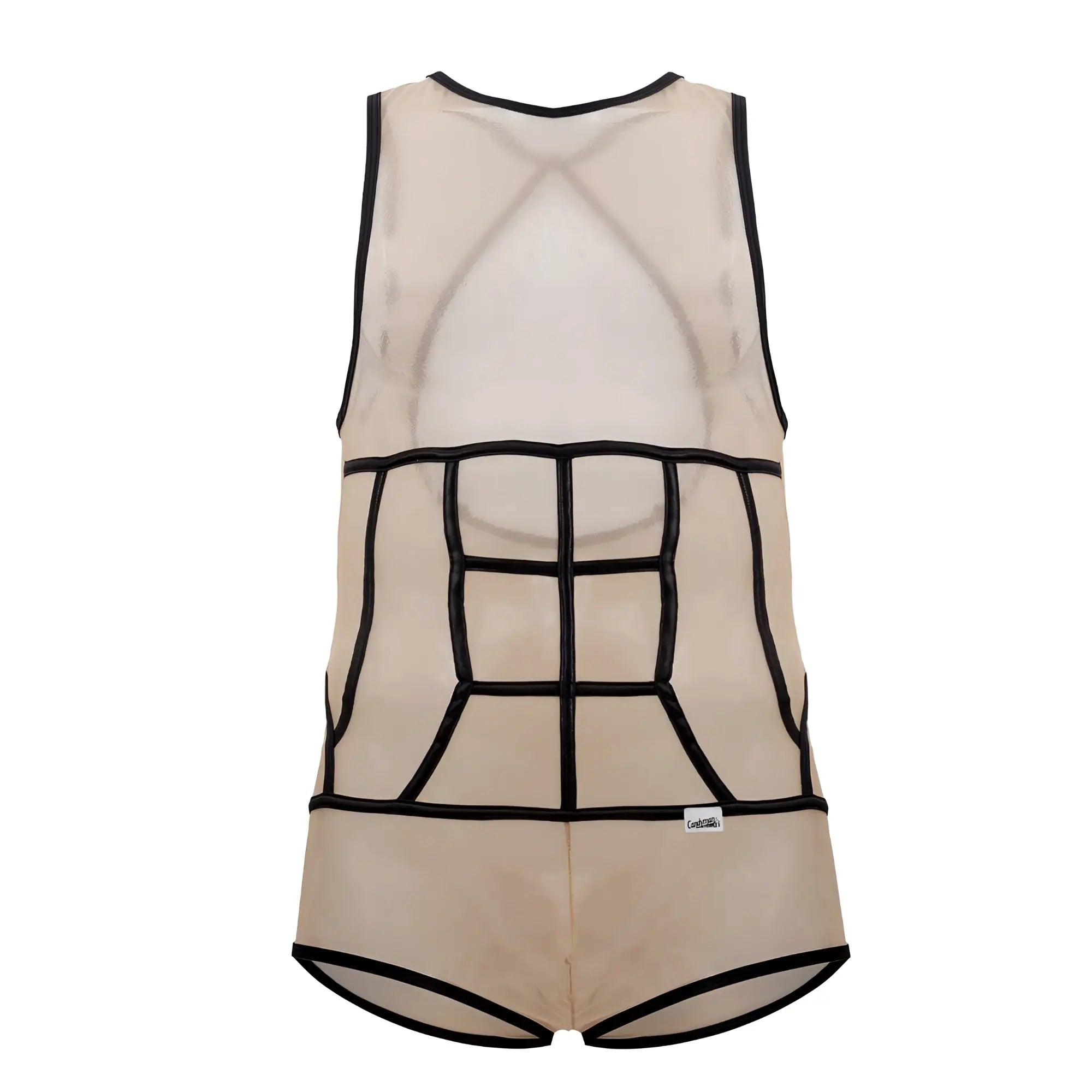 Beige mesh tank top bodysuit by candyman with black outlined abdominal muscle design in tulle material