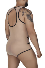 Beige sheer tulle bodysuit candyman 99683x with black elastic trim and racerback design in back view
