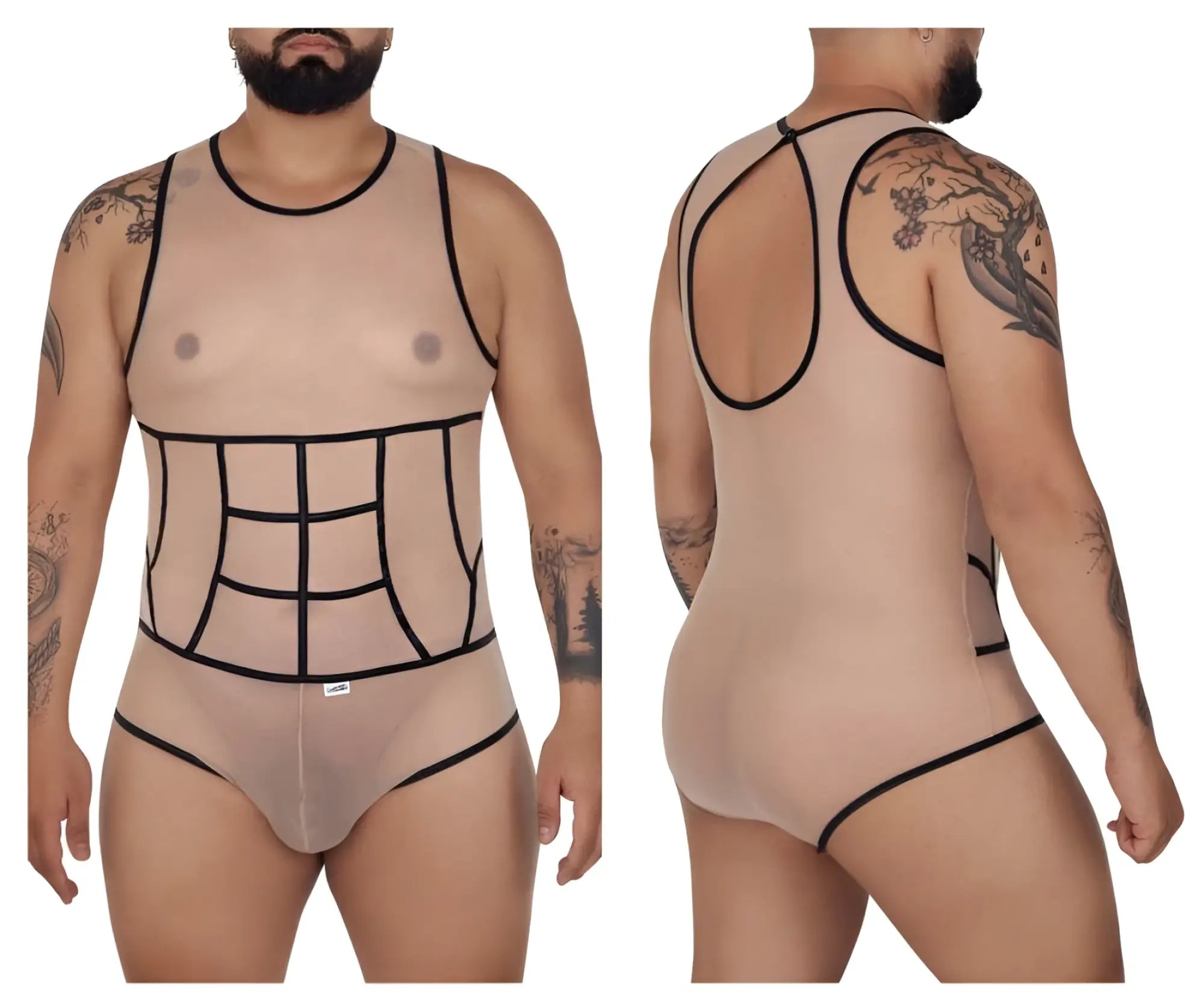 Beige sheer mesh CandyMan 99683X tulle bodysuit with black outlined paneling and racerback design showing back side