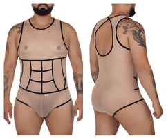 Beige sheer mesh CandyMan 99683X tulle bodysuit with black outlined paneling and racerback design showing back side