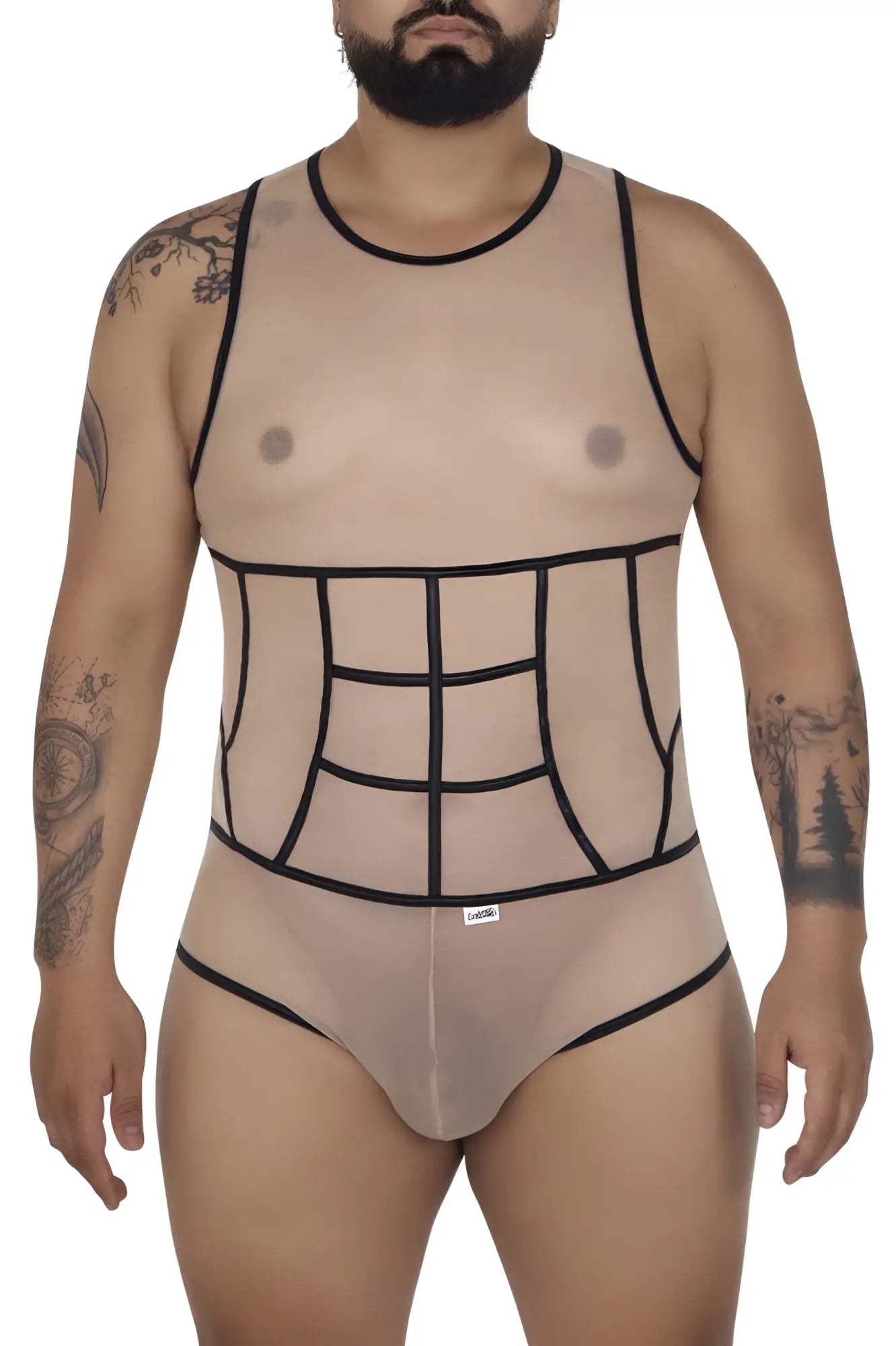 CandyMan 99683X tulle bodysuit in beige transparent mesh with black outlined paneling and trim