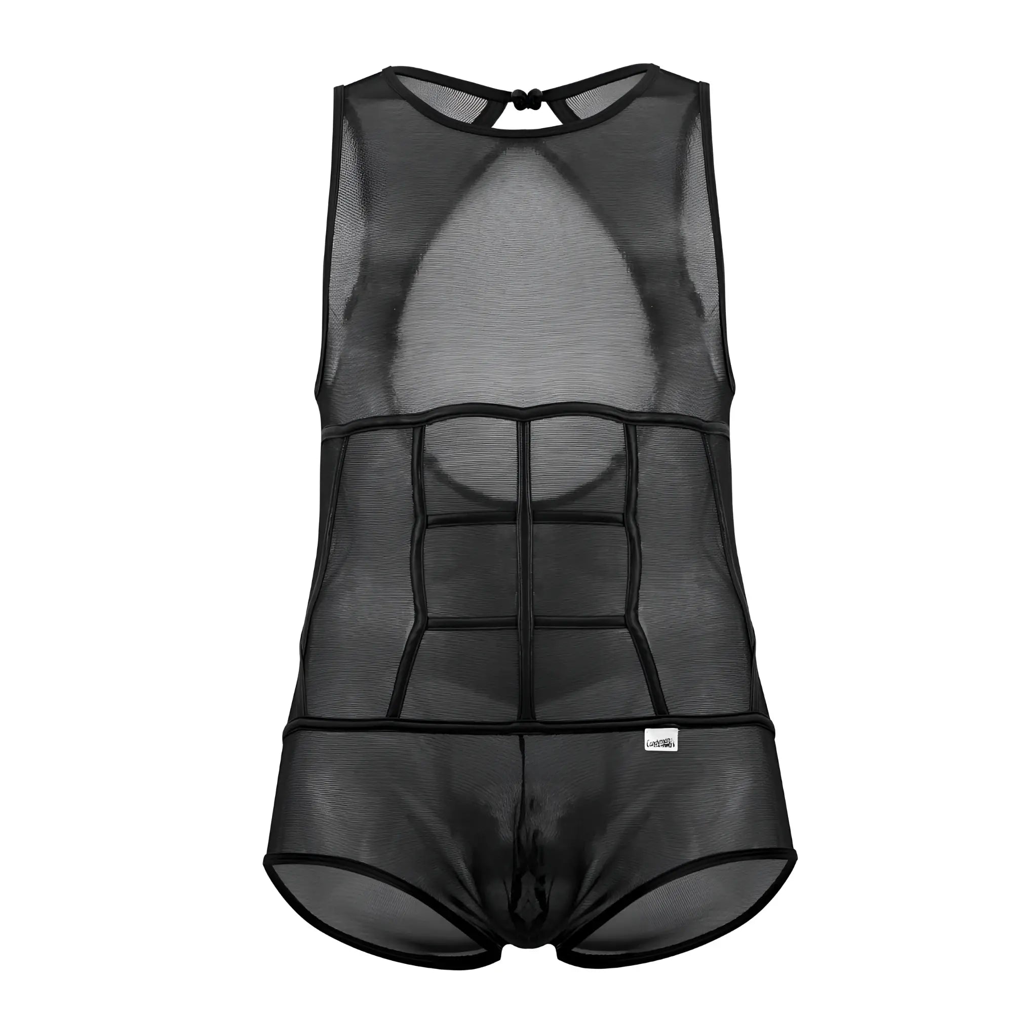 Black mesh tulle bodysuit for men candyMan 99683X with defined abdominal design and fitted costume style