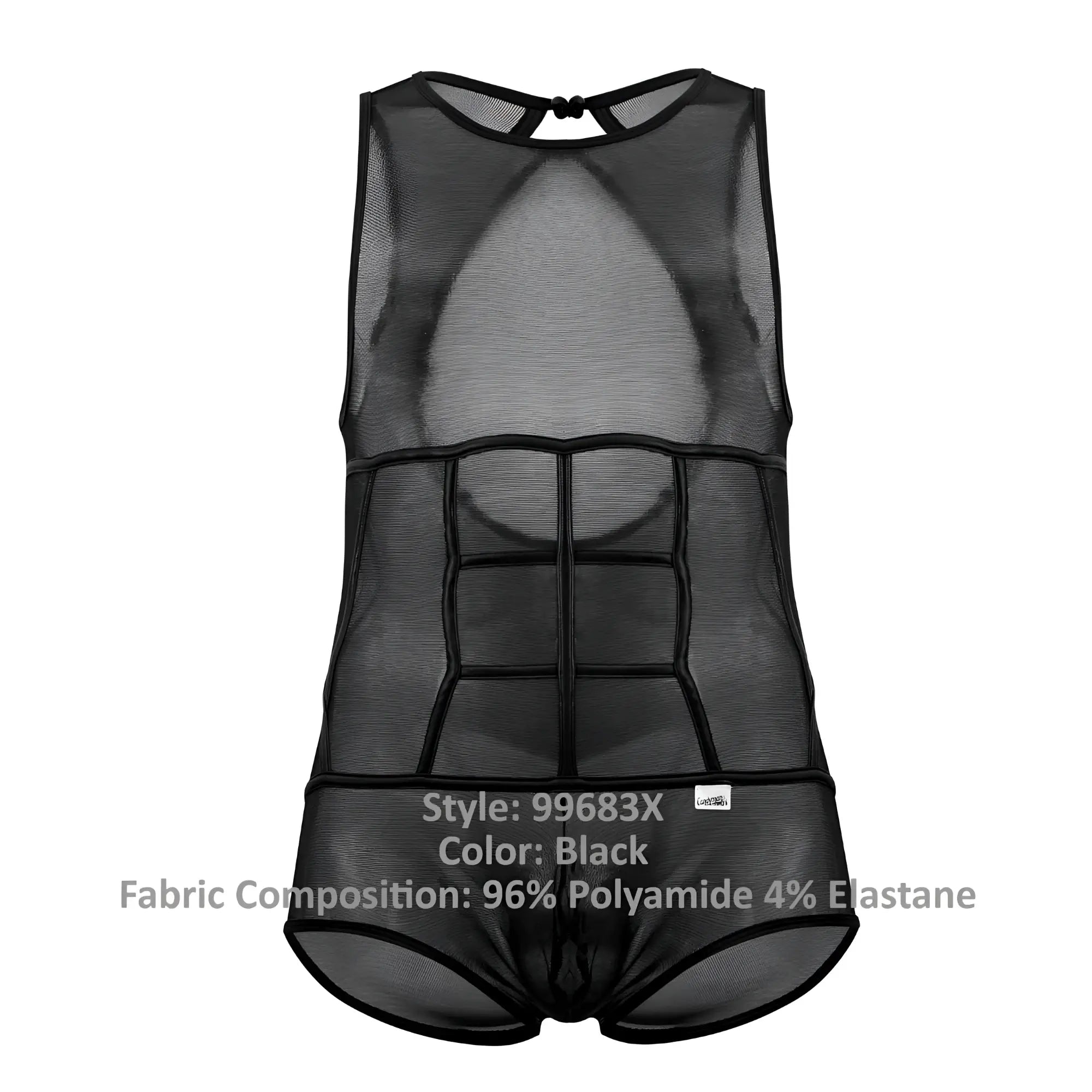 Black mesh men’s bodysuit CandyMan 99683X with structured six-pack abs design and tulle material in black color