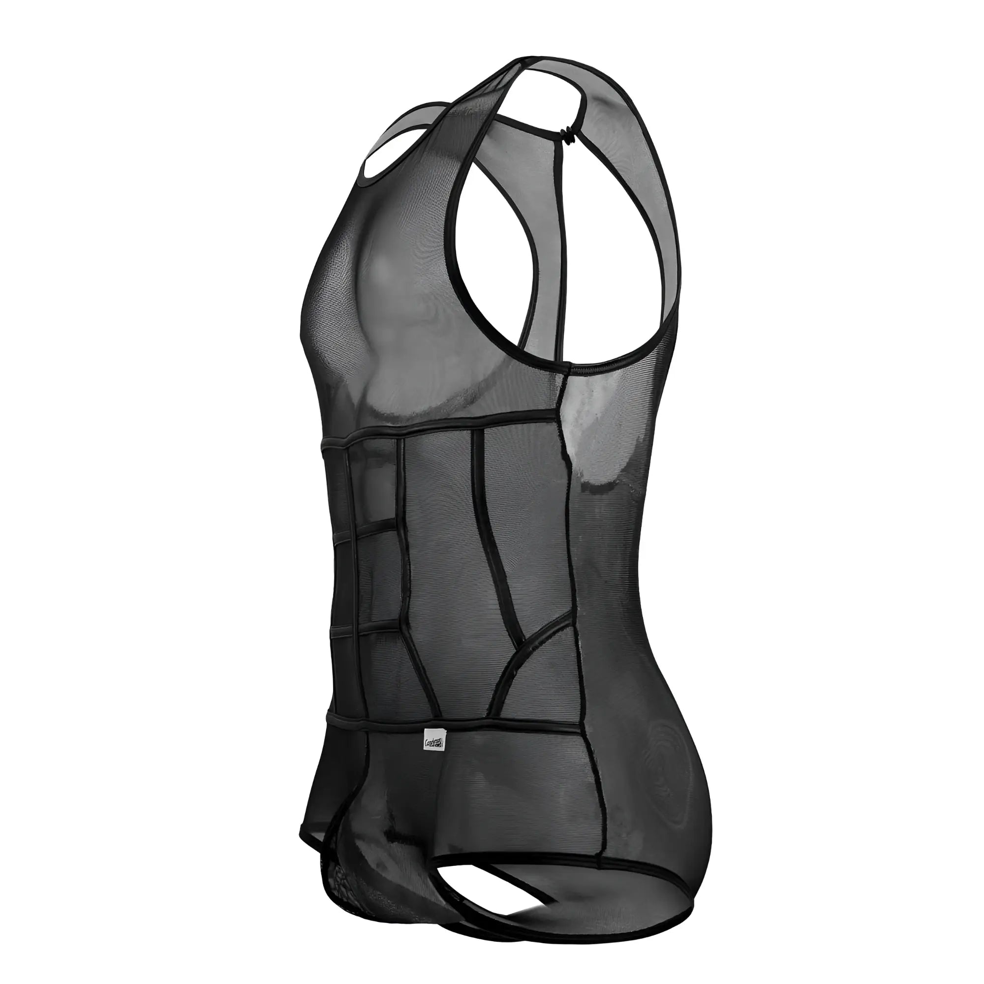 Black candyMan 99683X tulle bodysuit featuring a mesh tank top design with reinforced paneling and sleek fit