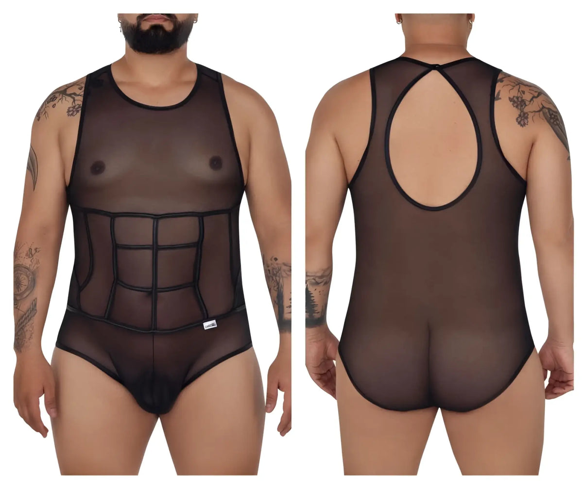 CandyMan 99683X tulle bodysuit in black sheer mesh with black elastic trim and structured grid design on torso