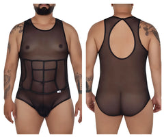 CandyMan 99683X tulle bodysuit in black sheer mesh with black elastic trim and structured grid design on torso