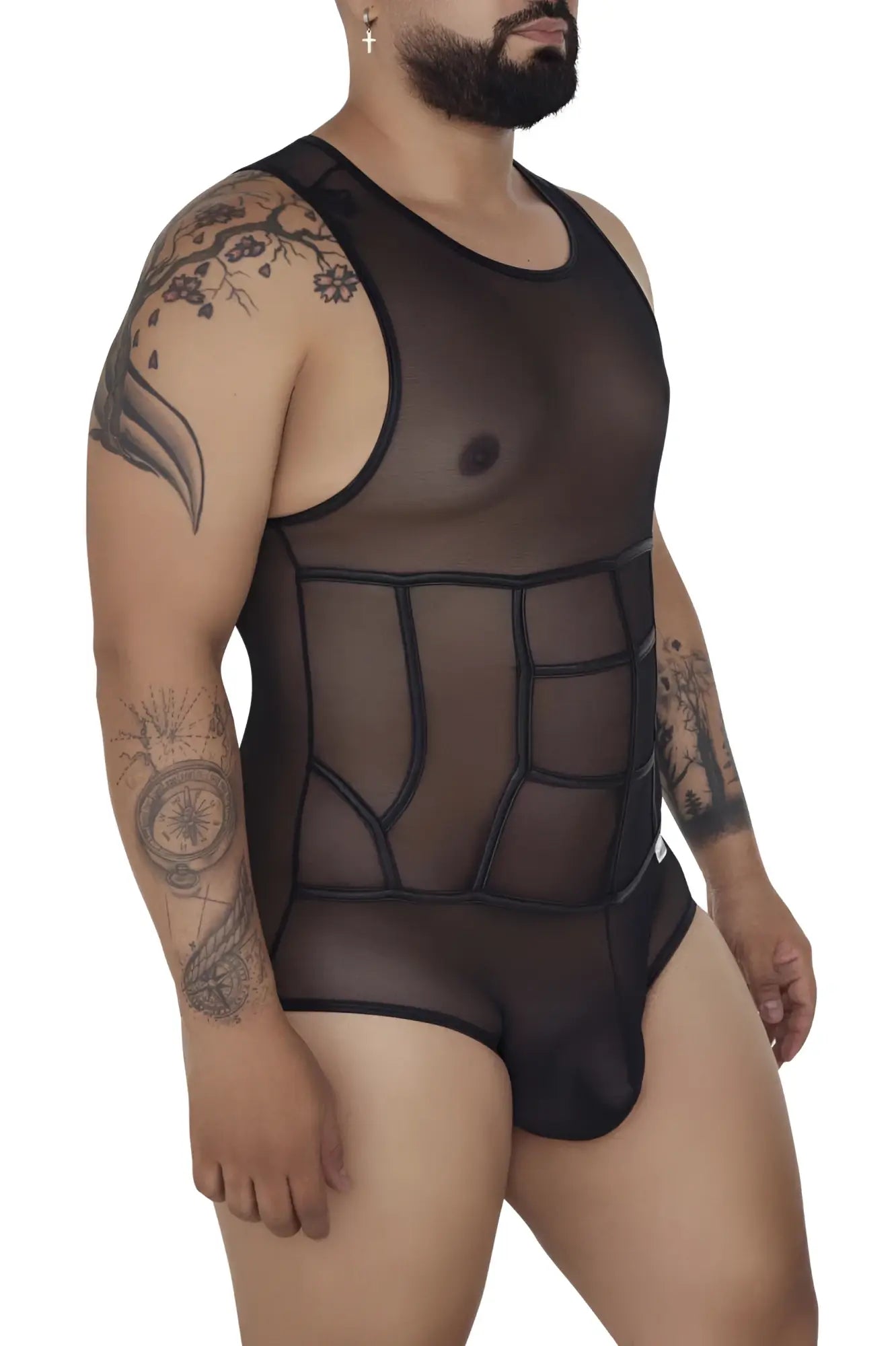 Black sheer mesh CandyMan 99683X tulle bodysuit with geometric panel design for a bold fashion statement