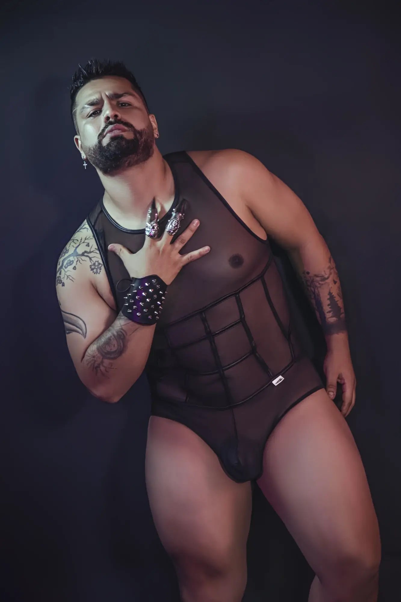 CandyMan 99683X black sheer mesh tulle bodysuit with structured corset design and reinforced seams