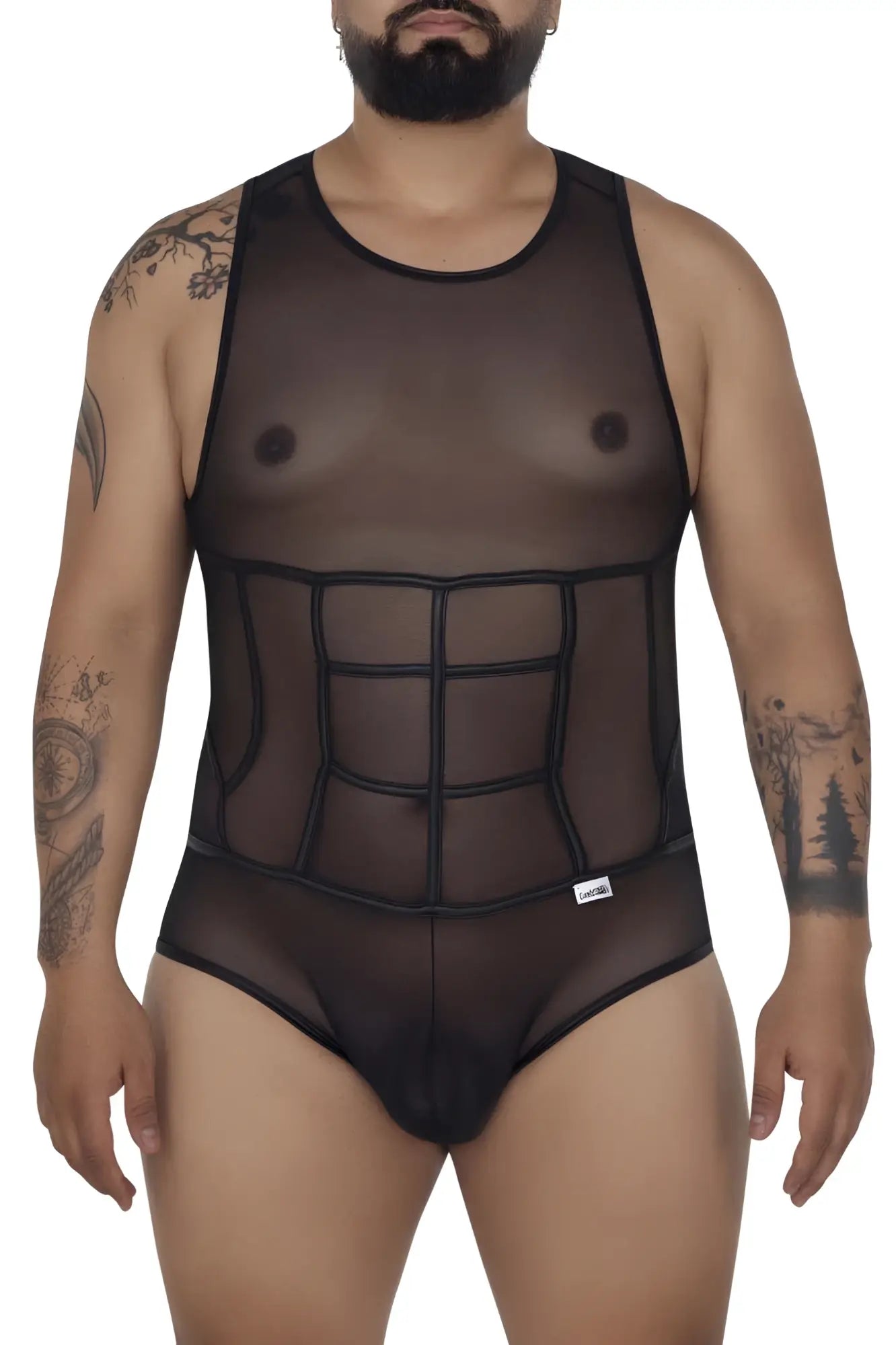 Black sheer mesh tulle bodysuit with structured grid corset design across the torso by Candyman 99683X