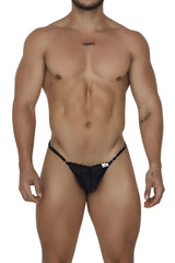 Black CandyMan 99685 lace thong with adjustable mesh side straps and small white brand tag visible on front side
