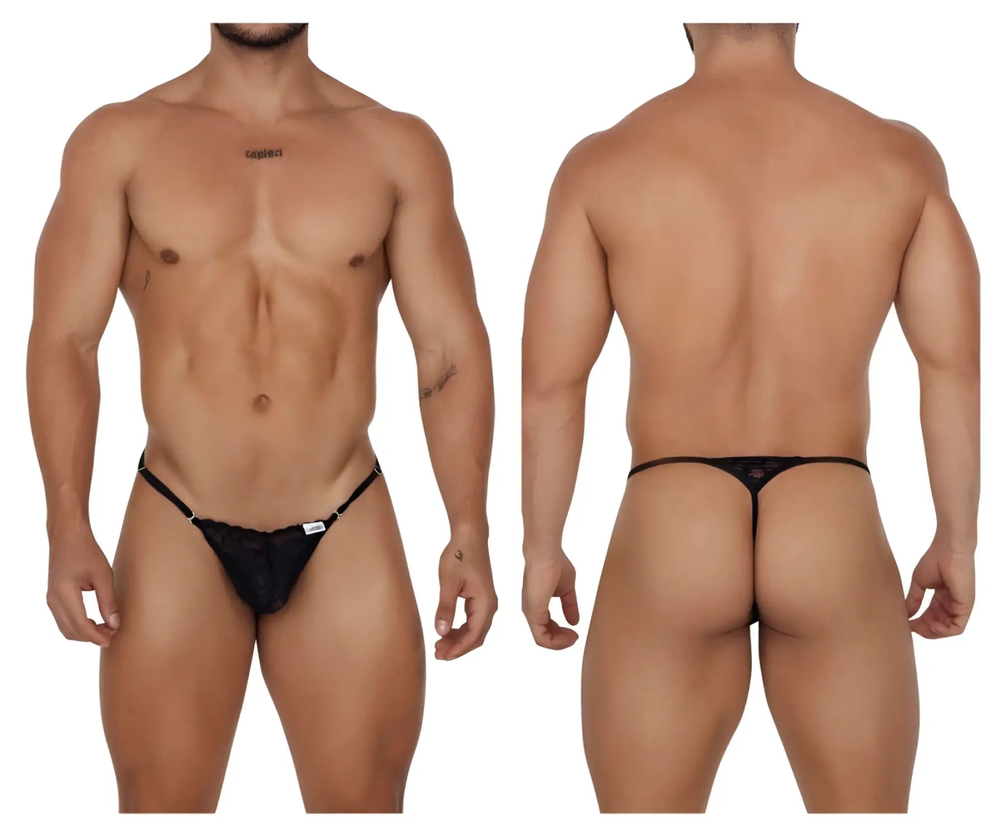 Black lace thong candyMan 99685 with adjustable straps and small white label on the front in black color