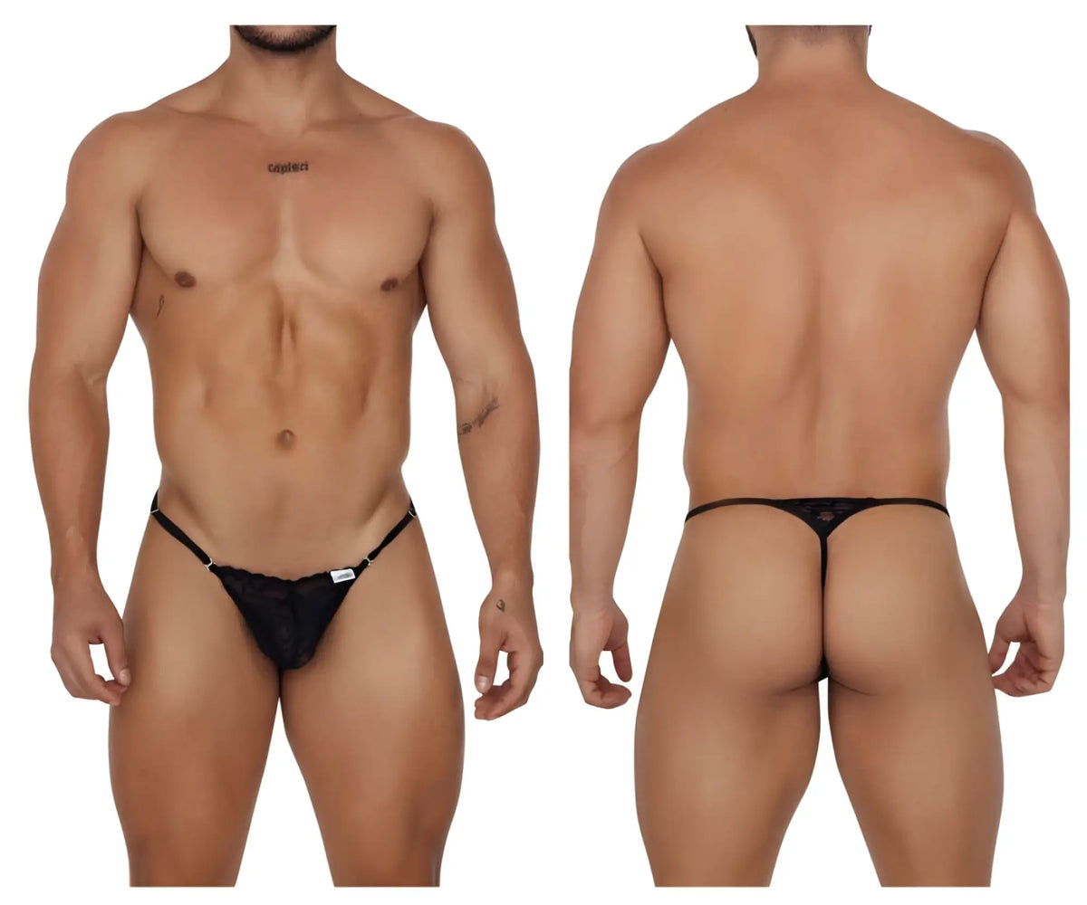 Black lace thong candyMan 99685 with adjustable straps and small white label on the front in black color