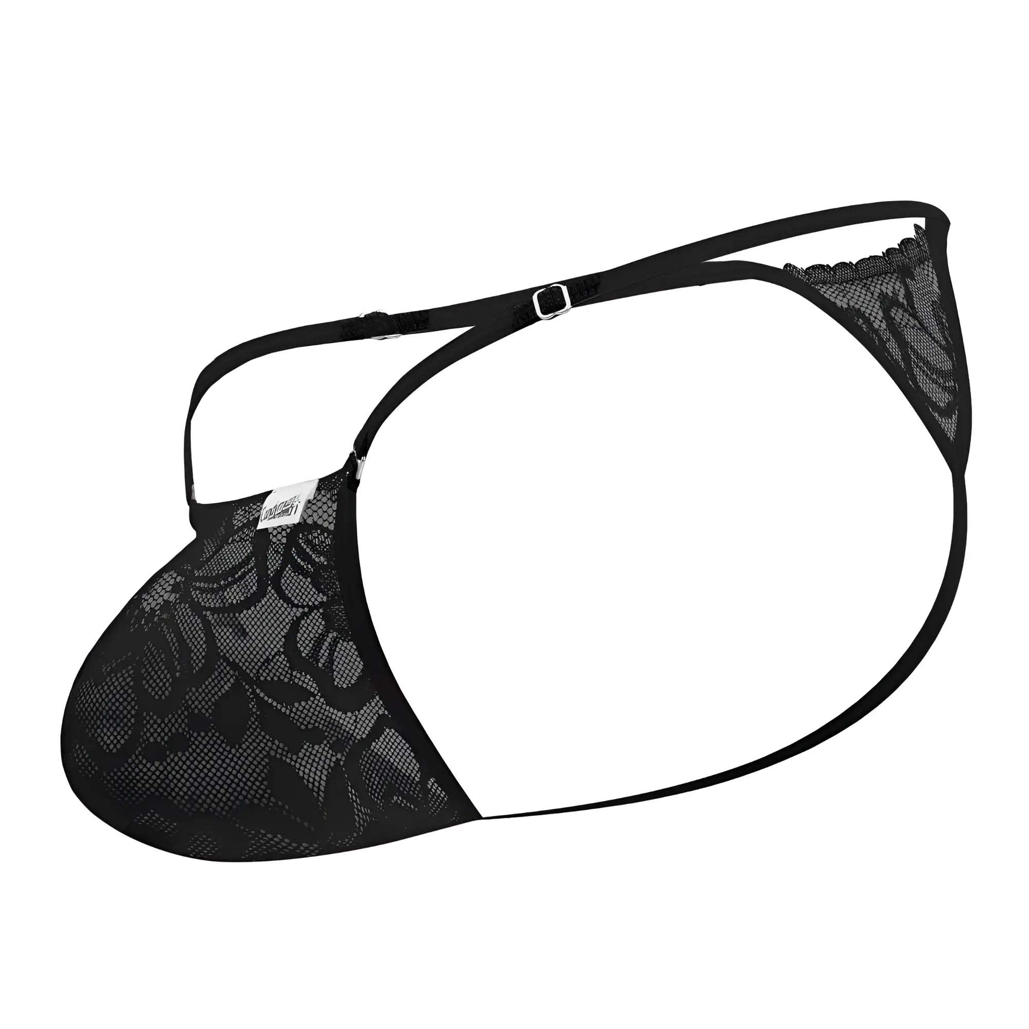 Black lace thong candyMan 99685 with delicate floral pattern and adjustable straps in black color