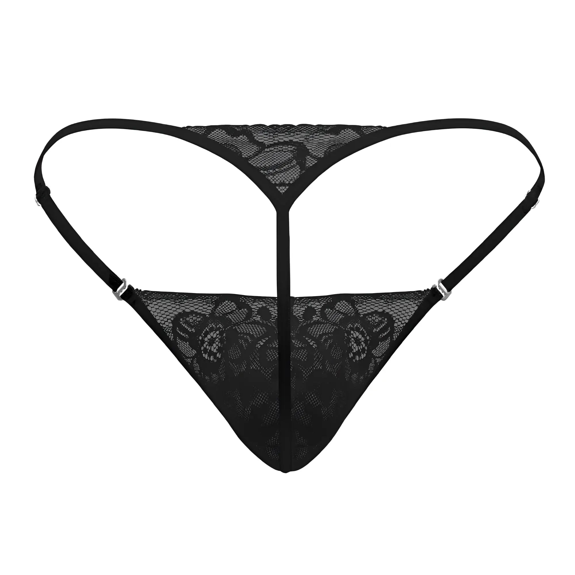 Black lace thong with floral pattern and adjustable straps from candyman 99685 in black color