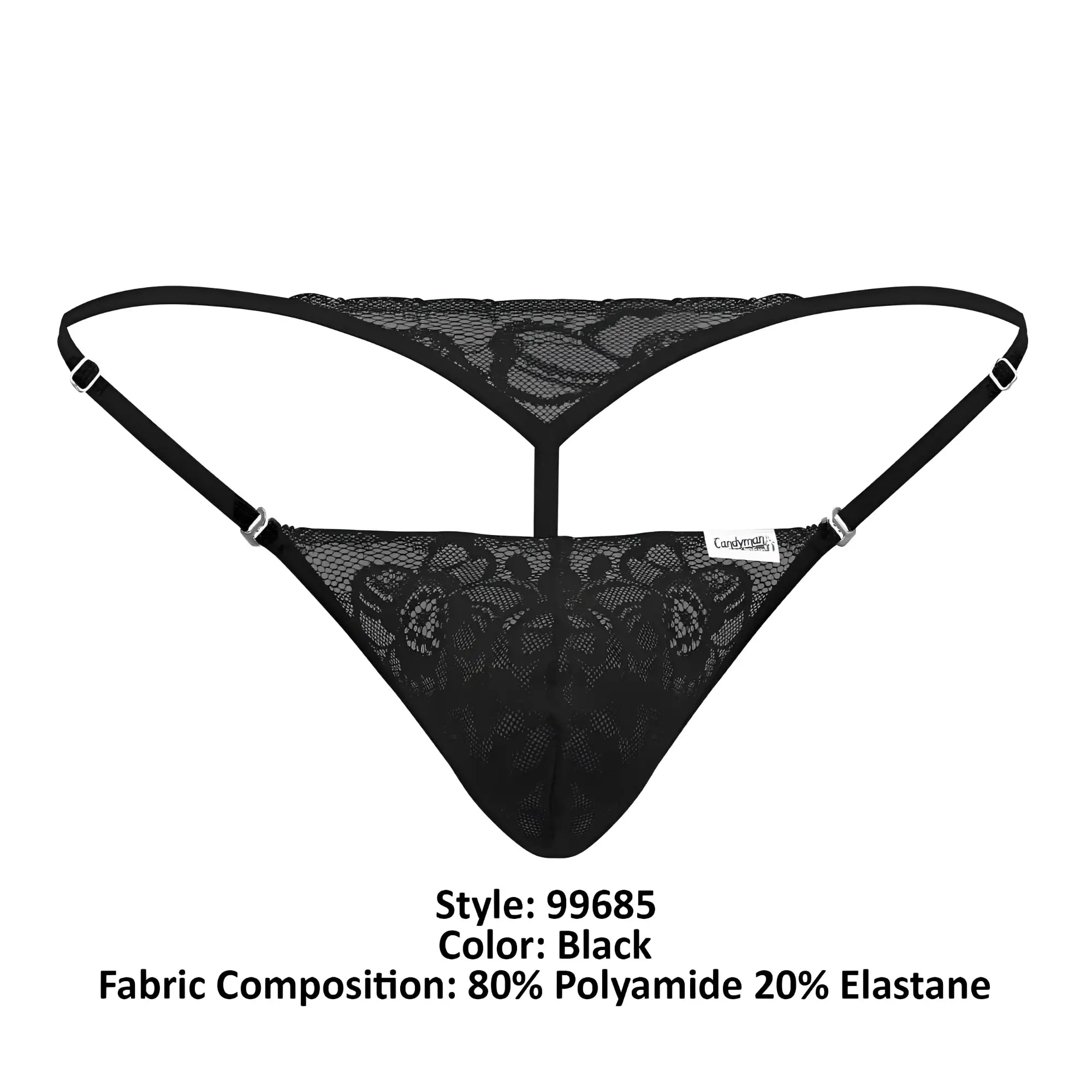 Black lace thong candyMan 99685 with thin straps and delicate floral pattern in black color