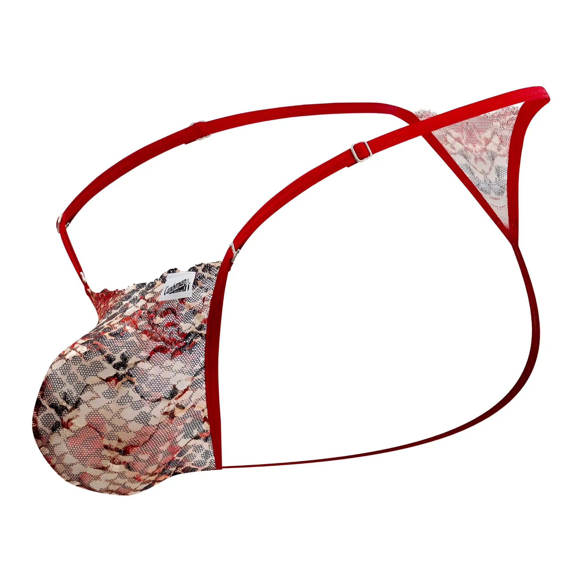 Red lace thong with floral pattern and adjustable straps from candyman 99685 in red print shown from the back side