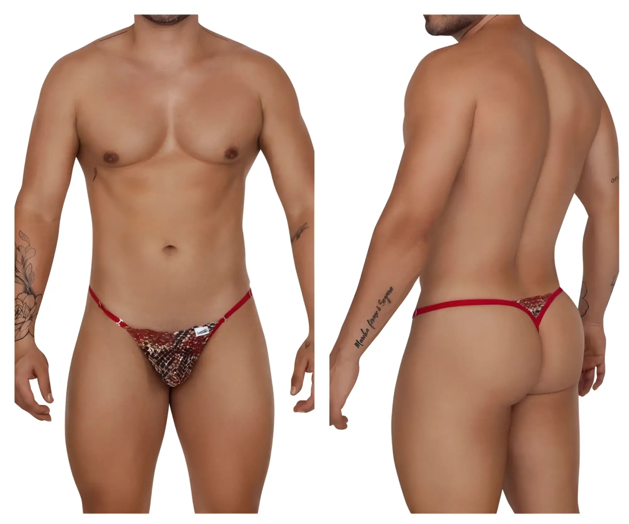 CandyMan 99685 lace thong in red with patterned sequined center and thin straps shown from the back side