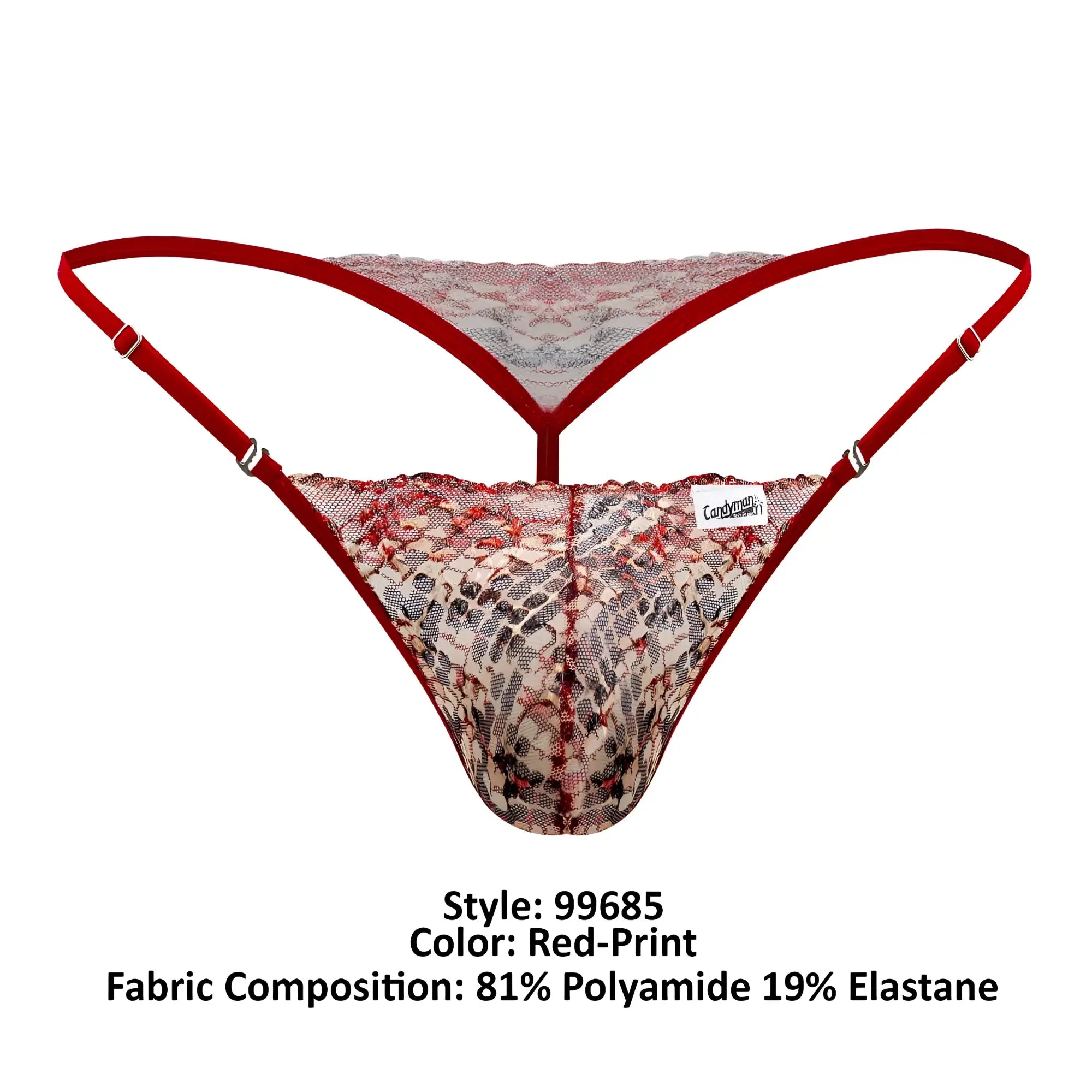 Red-print lace thong candyMan 99685 with sheer patterned fabric and thin red straps showing the front side