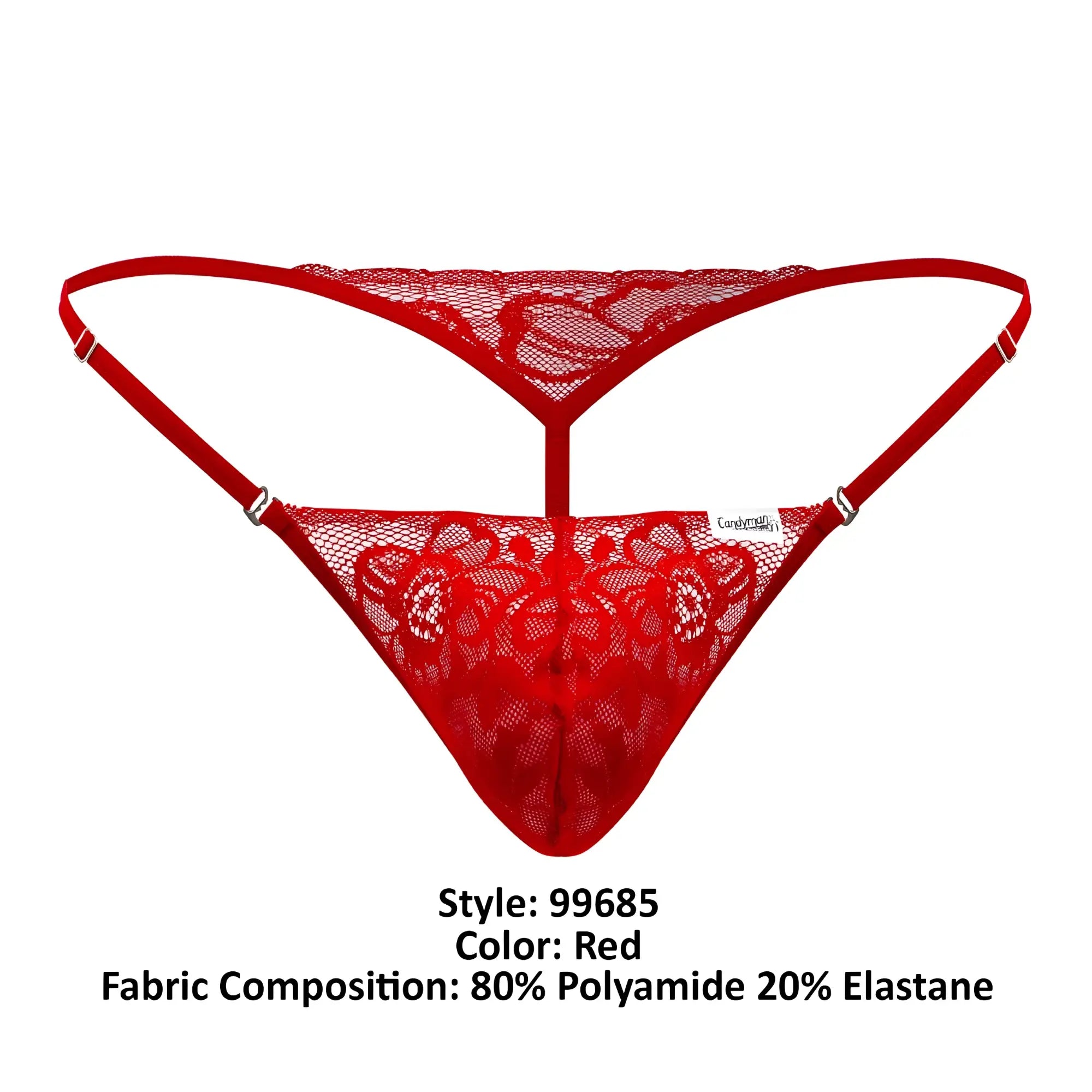 CandyMan 99685 red lace thong with floral pattern and adjustable straps showing the back side of the product