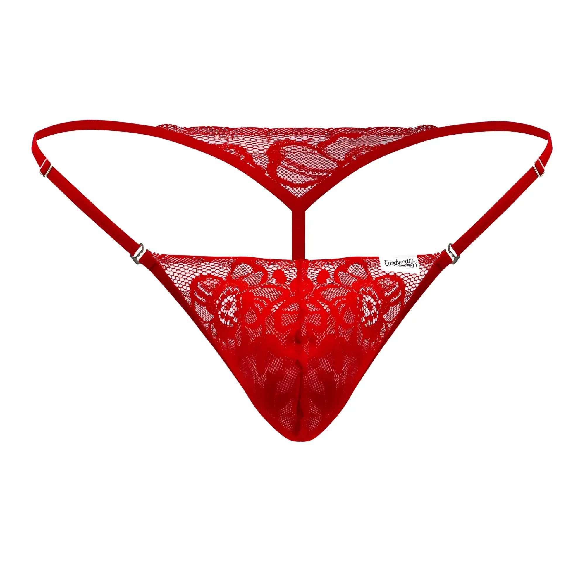 Red lace thong with floral patterns and thin straps from candyman 99685 in vibrant red color