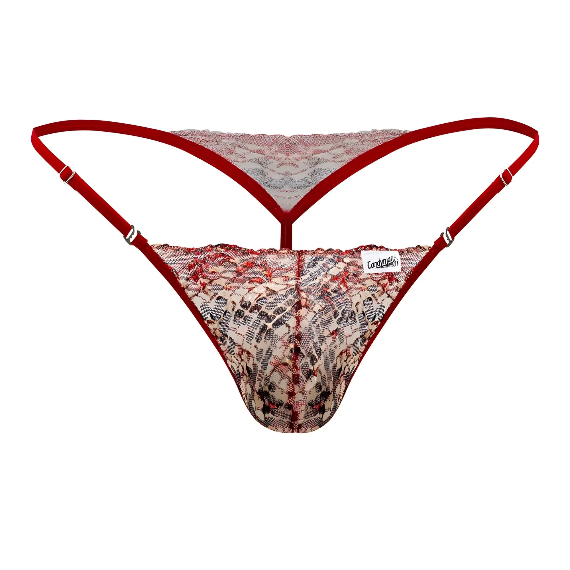 Red lace thong candyMan 99685 with snakeskin pattern and adjustable straps shown from the front