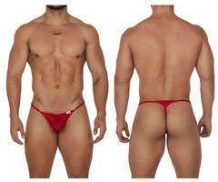 Red lace thong by candyman 99685 featuring a small white brand tag on the side made of delicate lace material