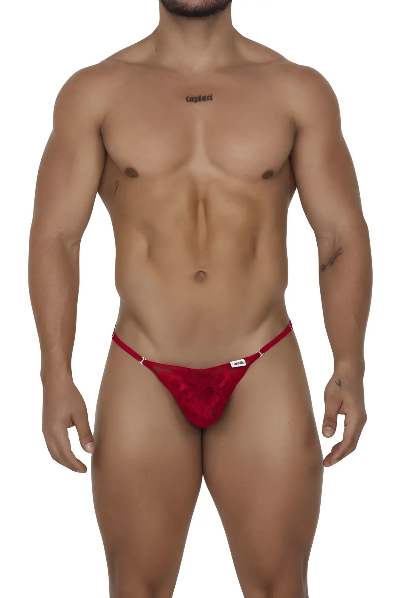 Red lace thong with a small white brand tag on the waistband from Candyman 99685 lace thongs color red collection